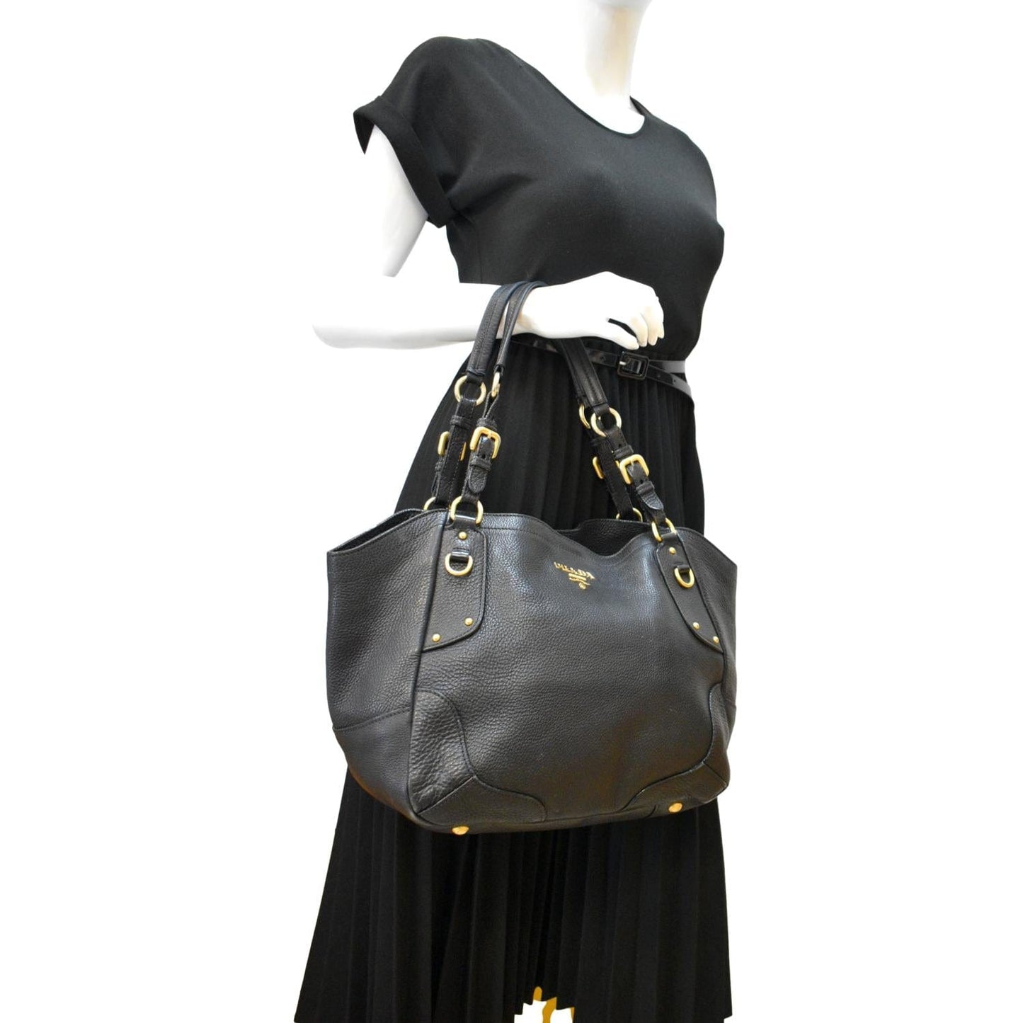 Prada Daino Pebbled Tote Bag Leather Vitello Black Shoulder Bag
