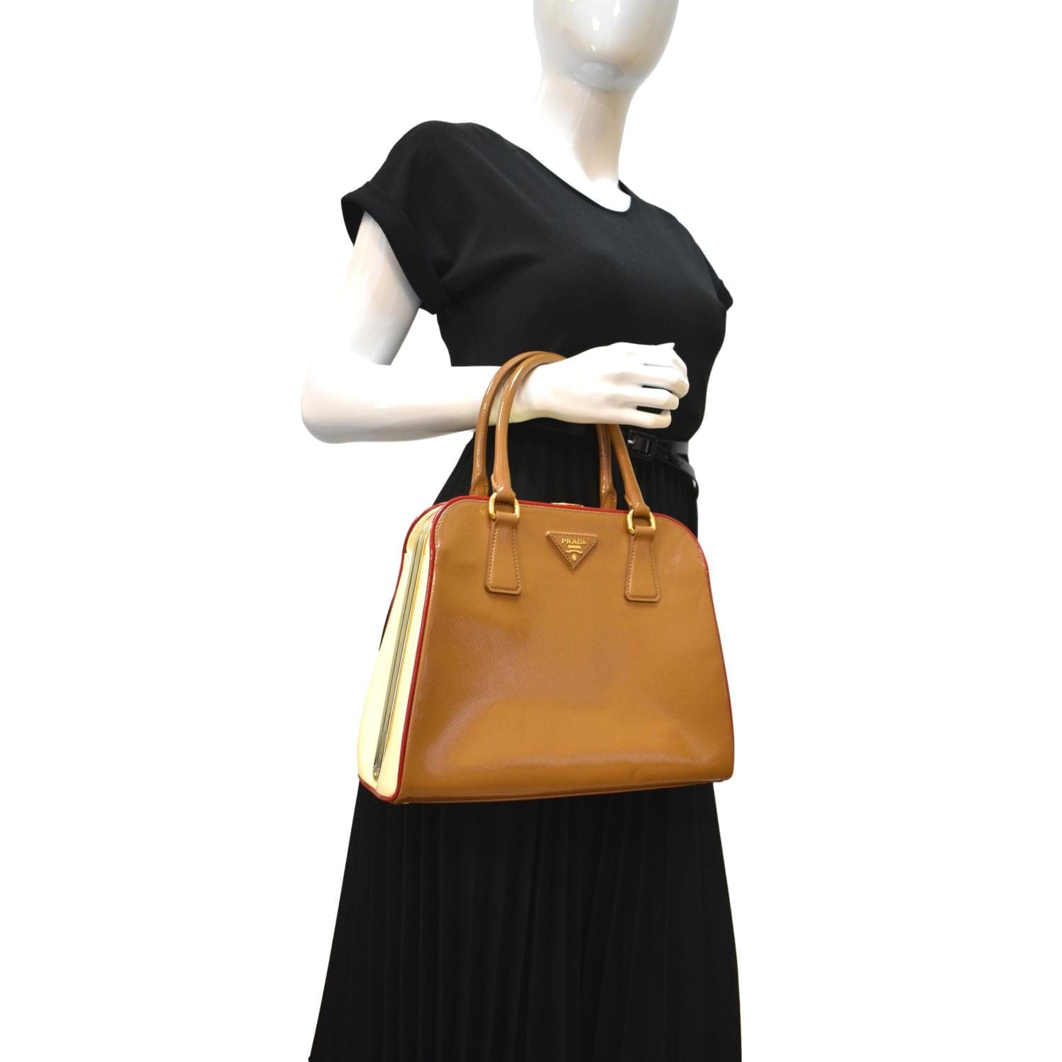 Vernice Pyramid Saffiano Top Handle Bag Leather Brown Travel Bag