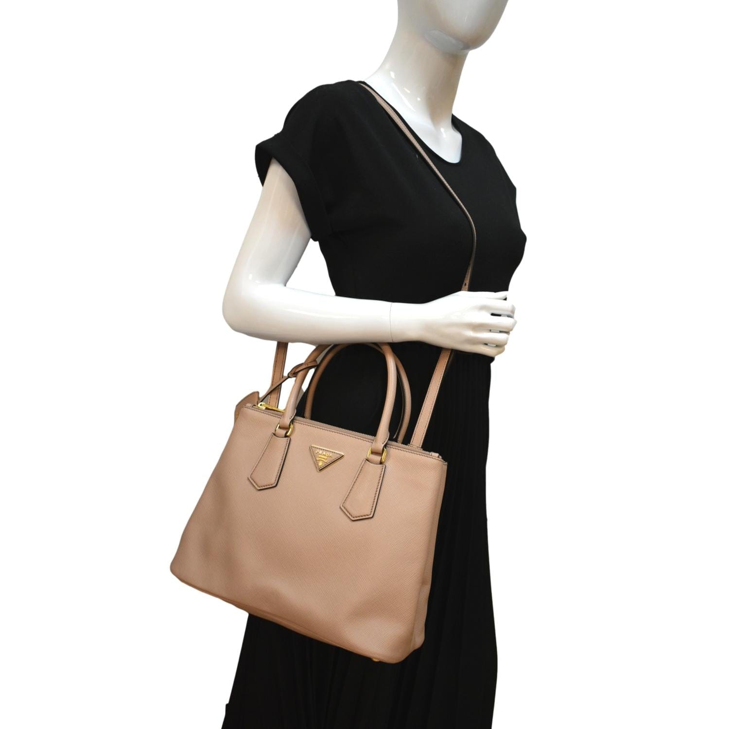Prada Double Handle Tote Bag Nude Leather Saffiano Pink