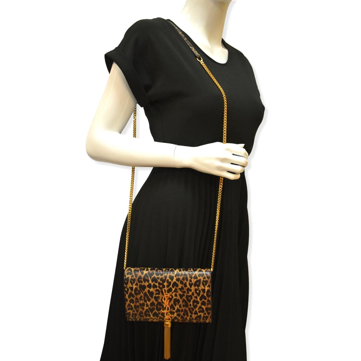 YSL Saint Laurent Saint Kate Leopard Print Shoulder Bag New Monogram Black