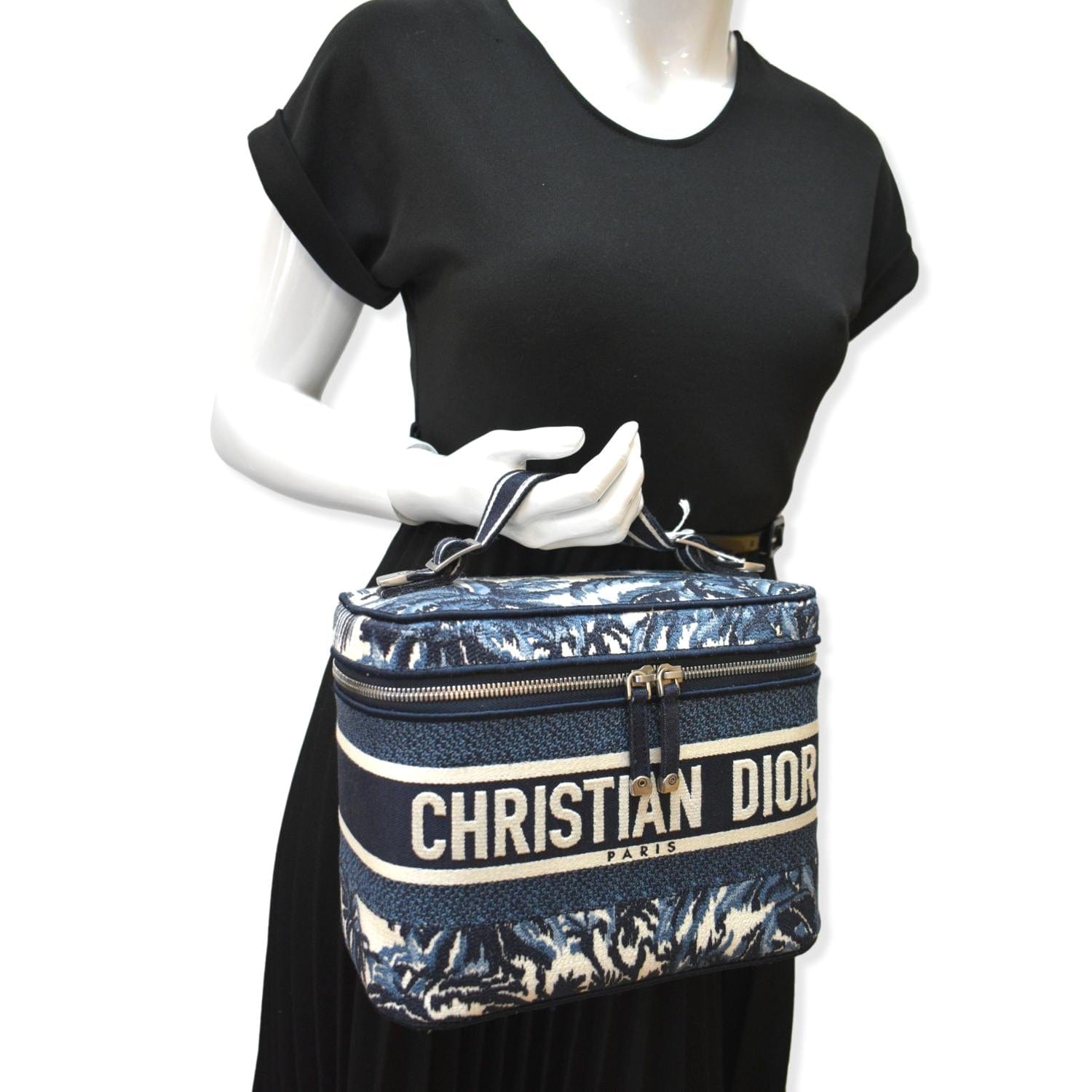 Dior travel Oblique Embroidery Vanity Case Handbag Blue Travel Bag