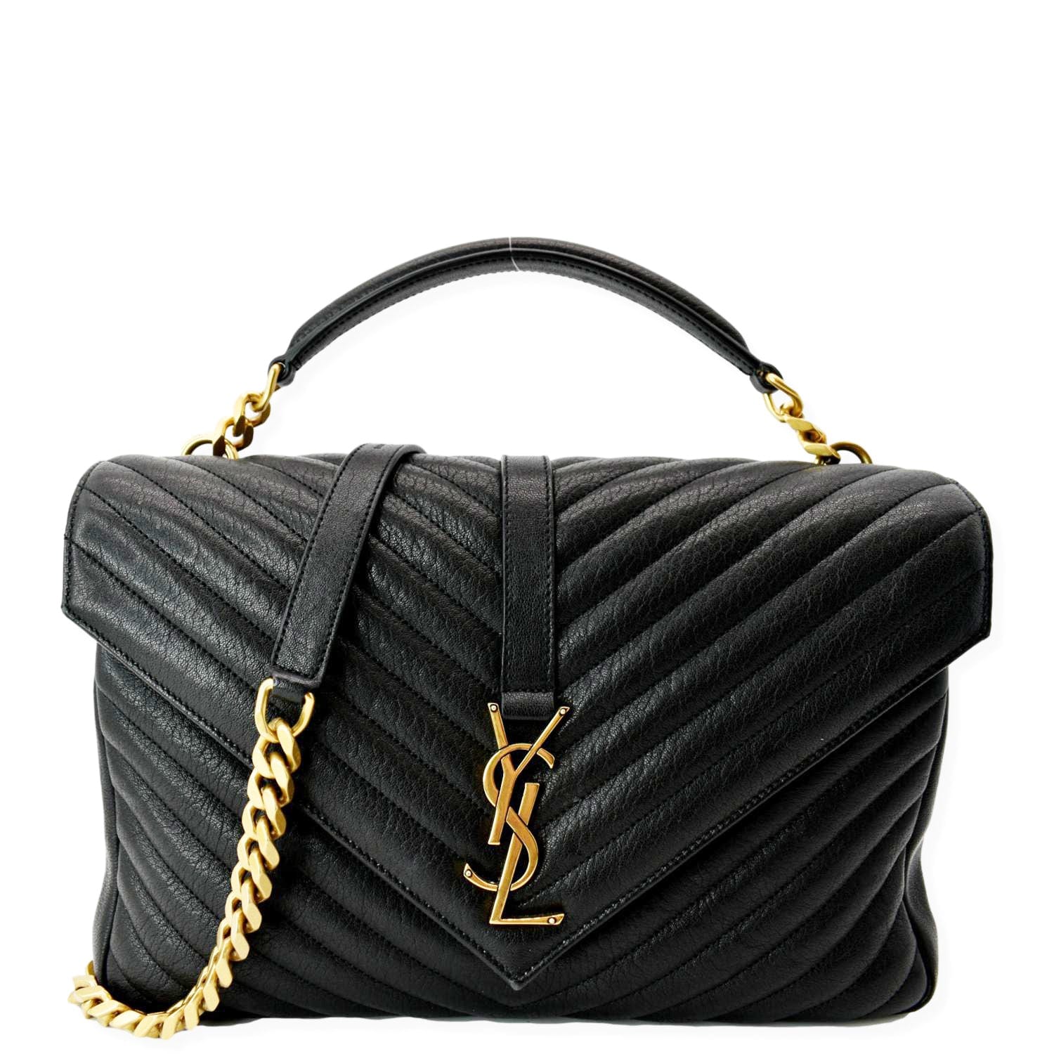 YSL Saint Laurent Yves College Matelass Shoulder Bag Leather Black Large