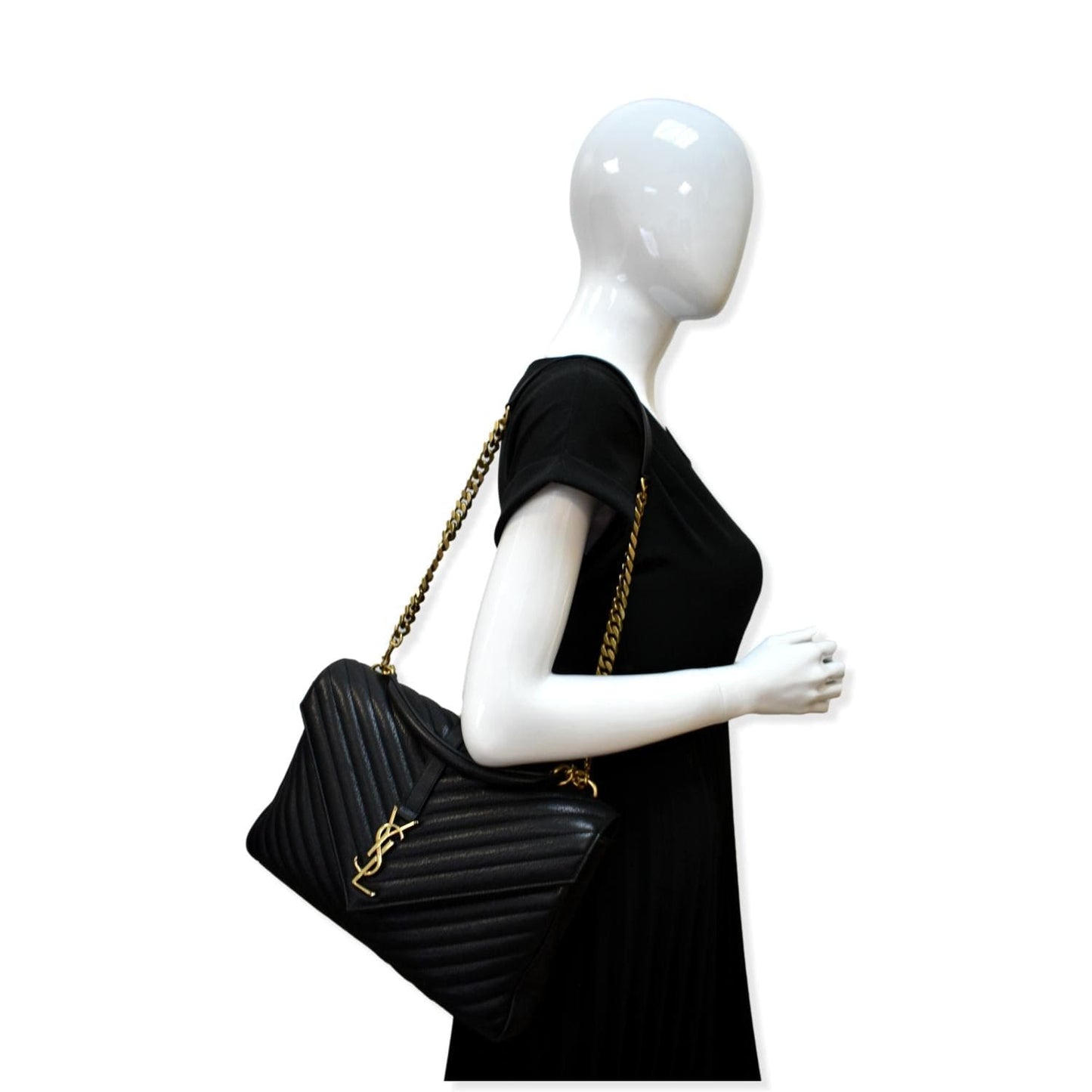 YSL Saint Laurent Yves College Matelass Shoulder Bag Leather Black Large