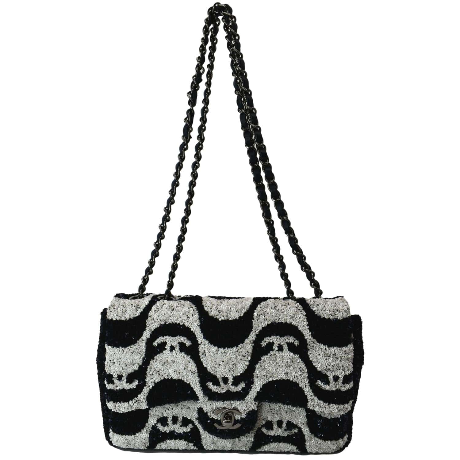 Chanel Classic Flap Sequin Black White Travel Bag