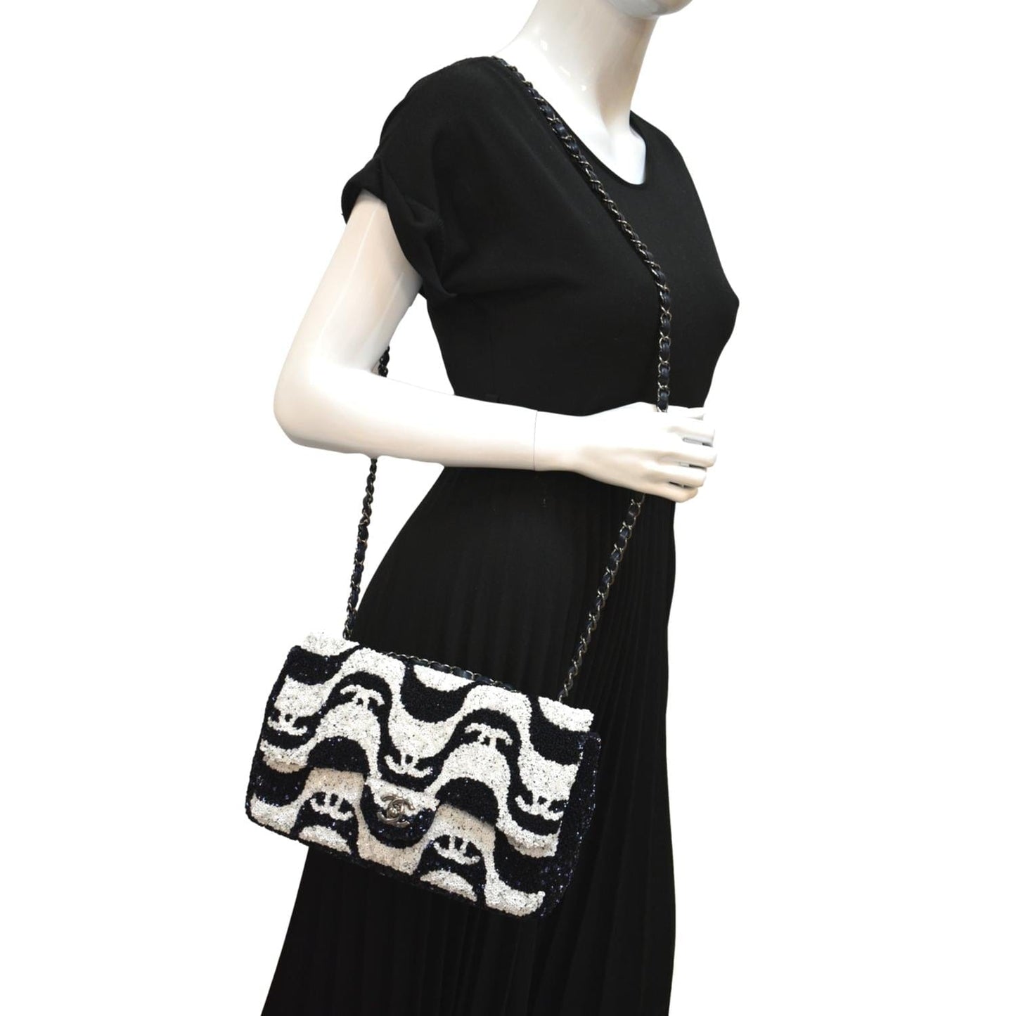 Chanel Classic Flap Sequin Black White Travel Bag