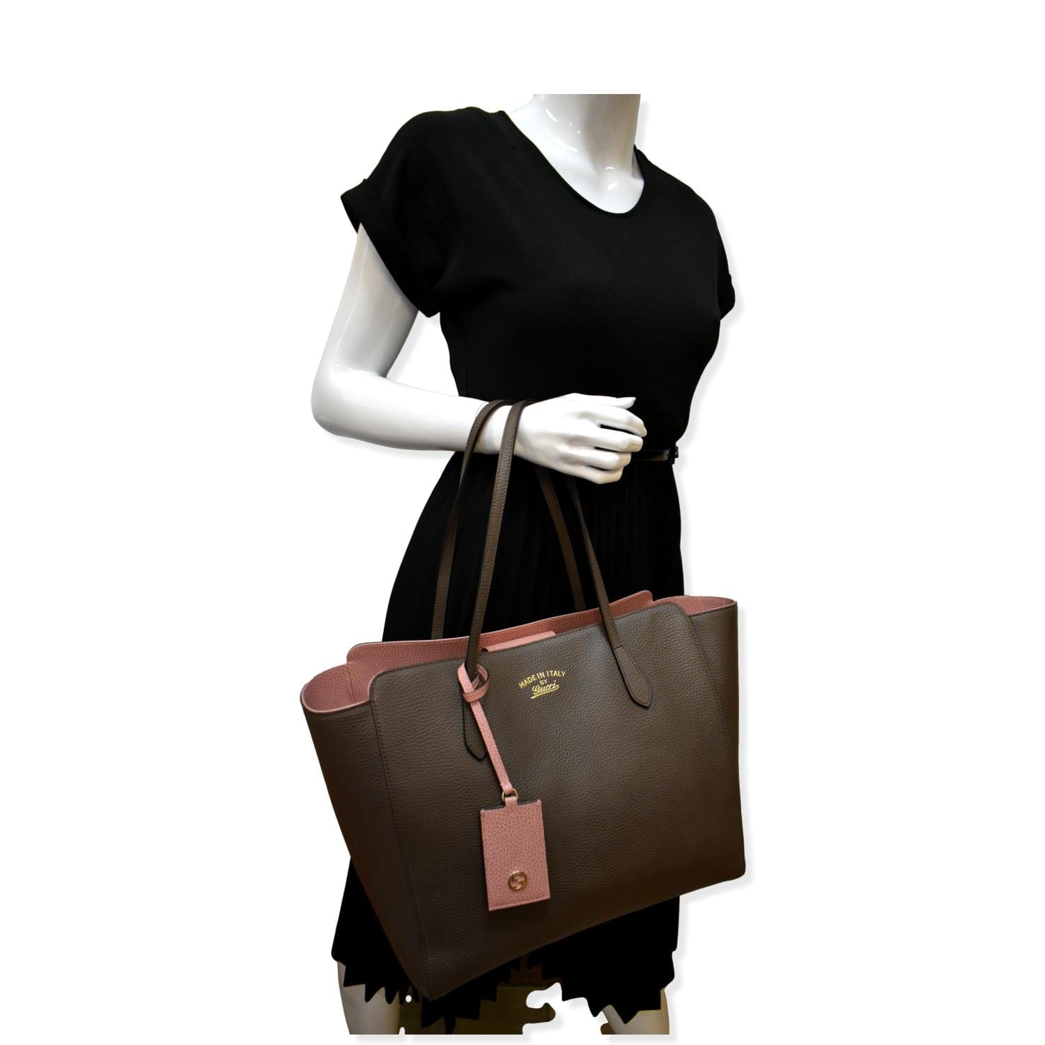 Gucci Swing Pebbled Tote Bag Taupe Leather Medium