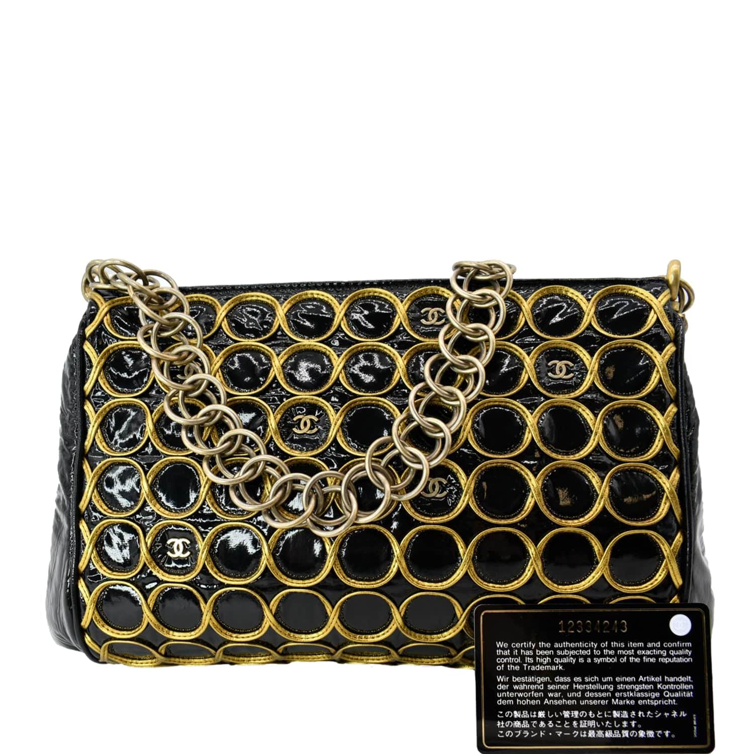 Chanel CC Embroidered Patent Quilted Black Gold Travel Bag