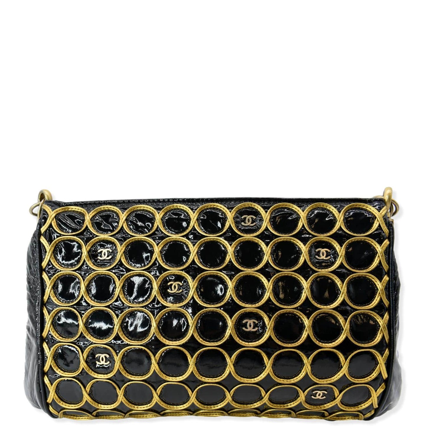 Chanel CC Embroidered Patent Quilted Black Gold Travel Bag
