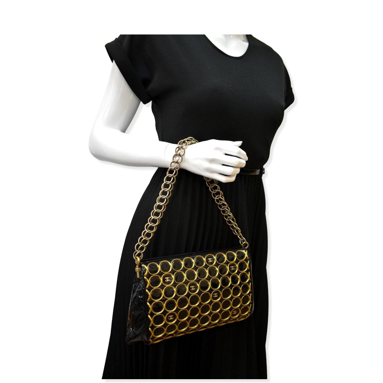 Chanel CC Embroidered Patent Quilted Black Gold Travel Bag