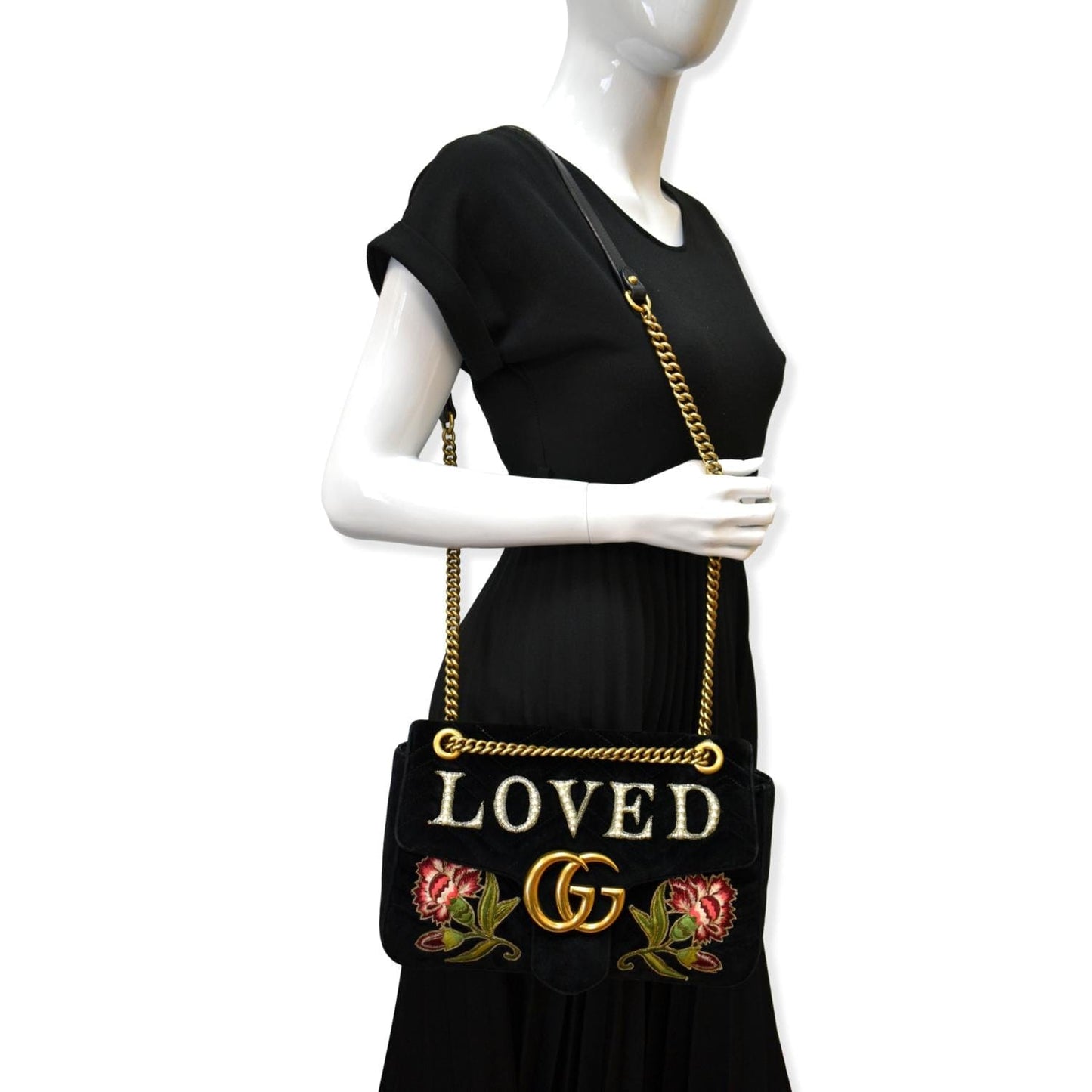 Gucci Blind For Love Marmont Embroidered Velvet Shoulder Black Shoulder Bag