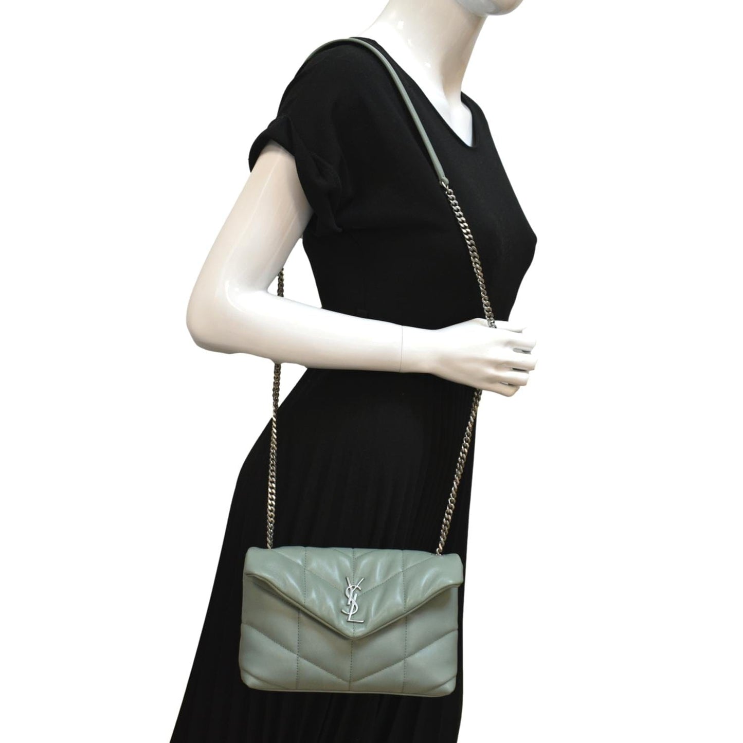 YSL Saint Laurent Saint Loulou Puffer Crossbody Bag Vert Opaline Leather Small