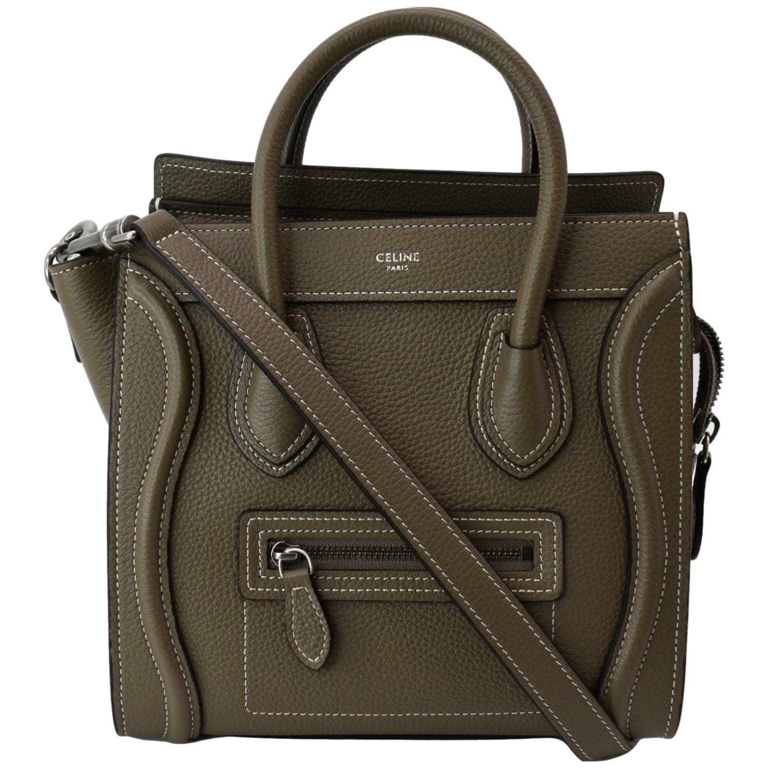 Nano Luggage Drummed Calfskin Shoulder Bag Khaki Leather