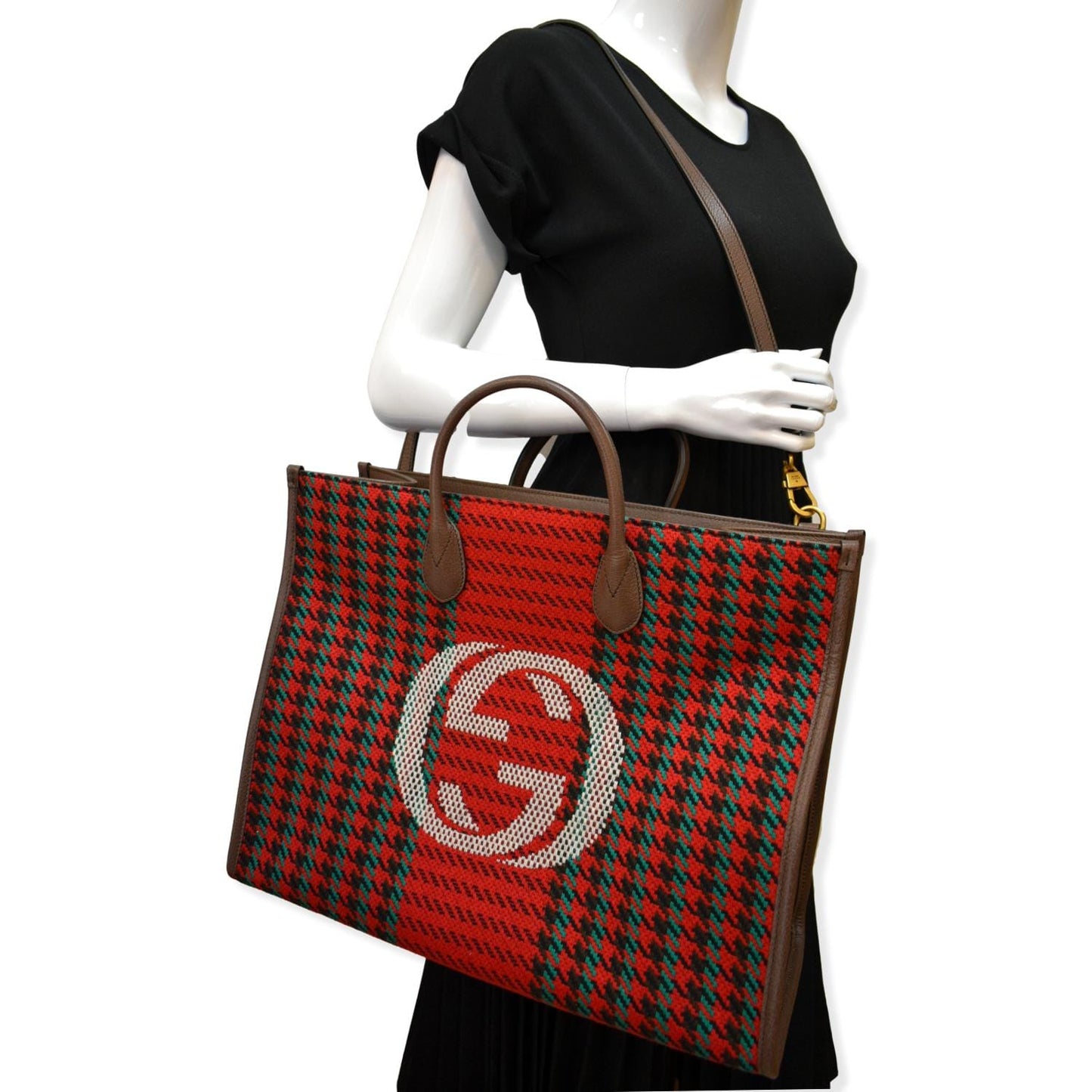 Gucci New Interlocking Houndstooth Stripe Shoulder Bag Red