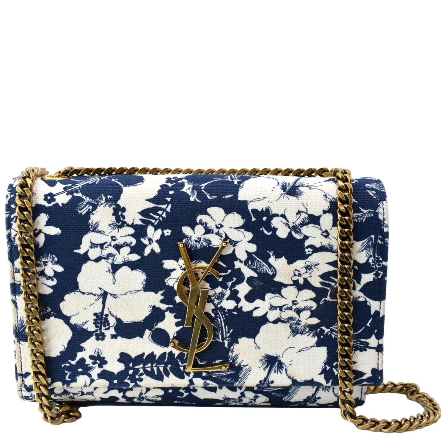 YSL Saint Laurent Yves Kate Floral Print Shoulder Bag Canvas Blue