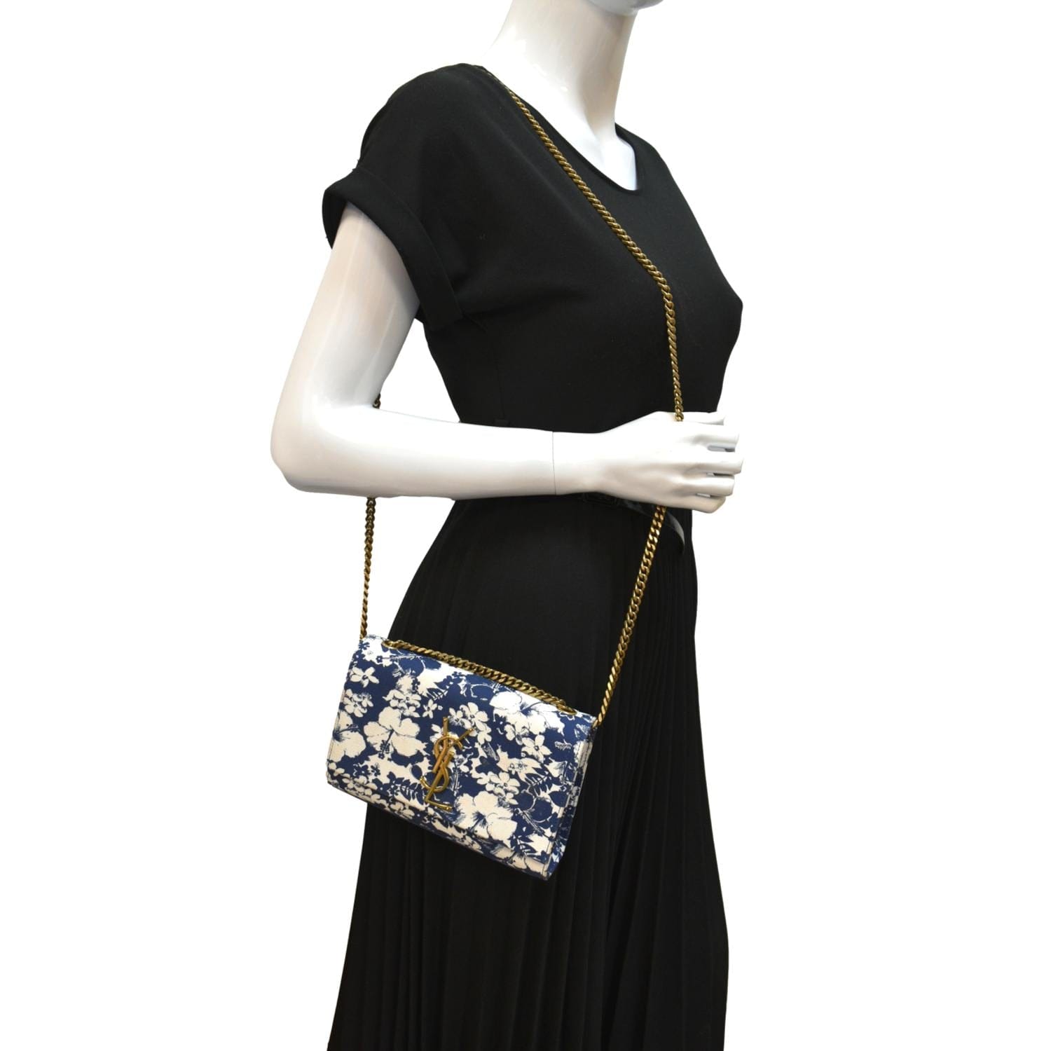 YSL Saint Laurent Yves Kate Floral Print Shoulder Bag Canvas Blue