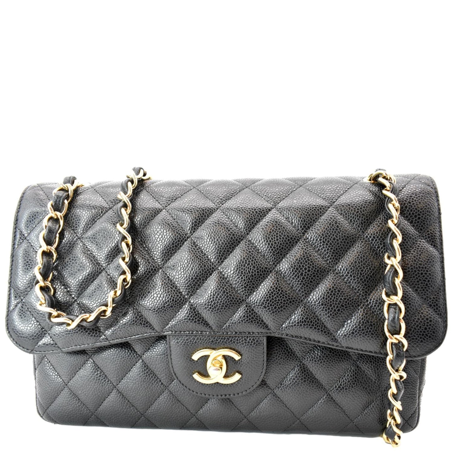 Chanel Classic Double Flap Caviar Leather Black Travel Bag Jumbo Classic