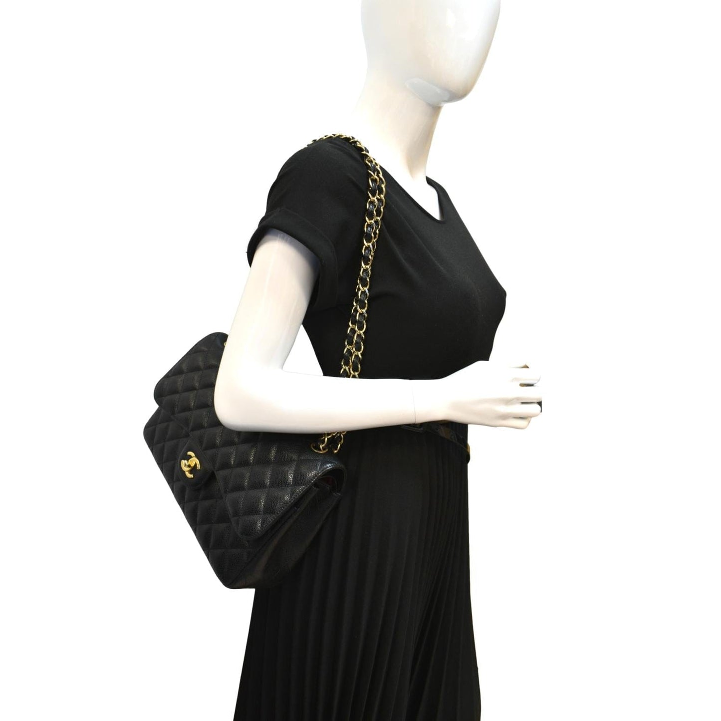 Chanel Classic Double Flap Caviar Leather Black Travel Bag Jumbo Classic