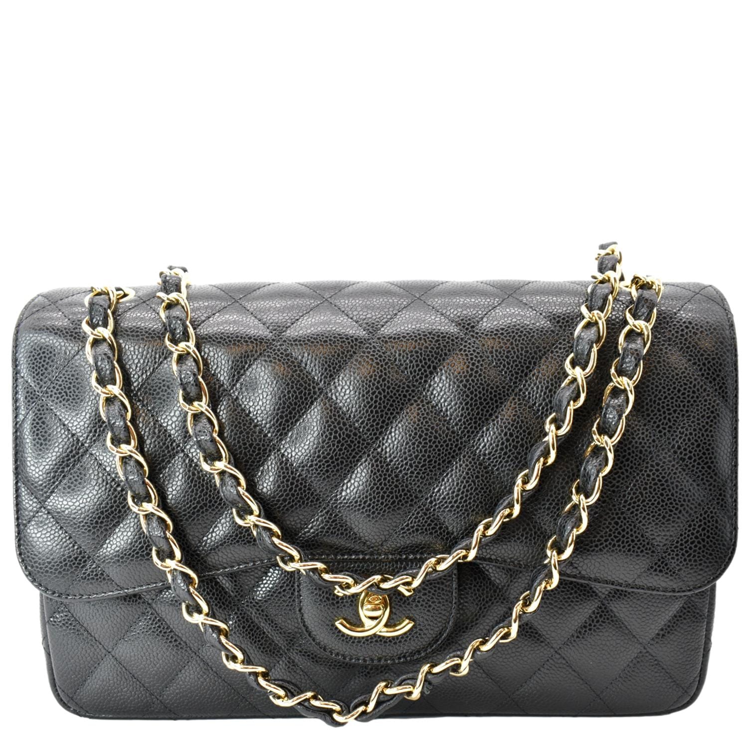 Chanel Classic Jumbo Double Flap Caviar Leather Black Travel Bag