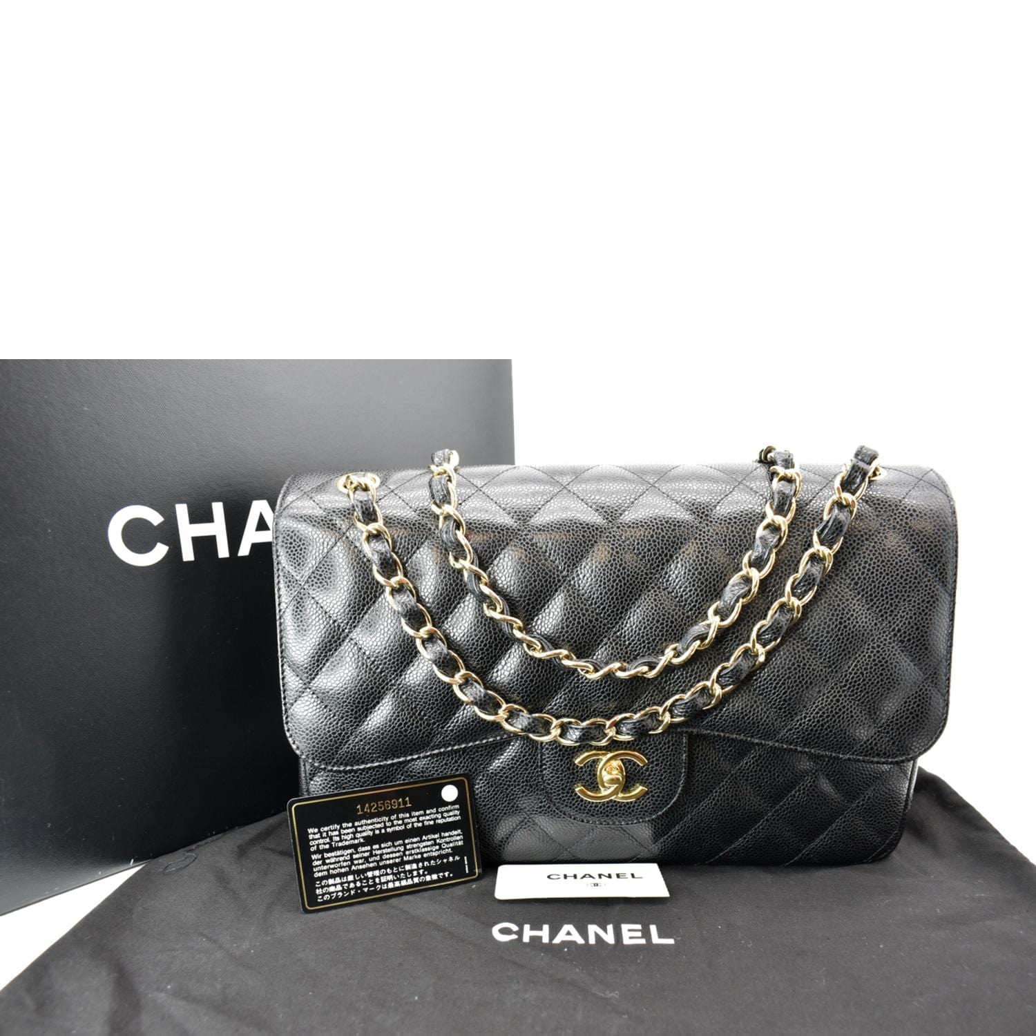 Chanel Classic Jumbo Double Flap Caviar Leather Black Travel Bag