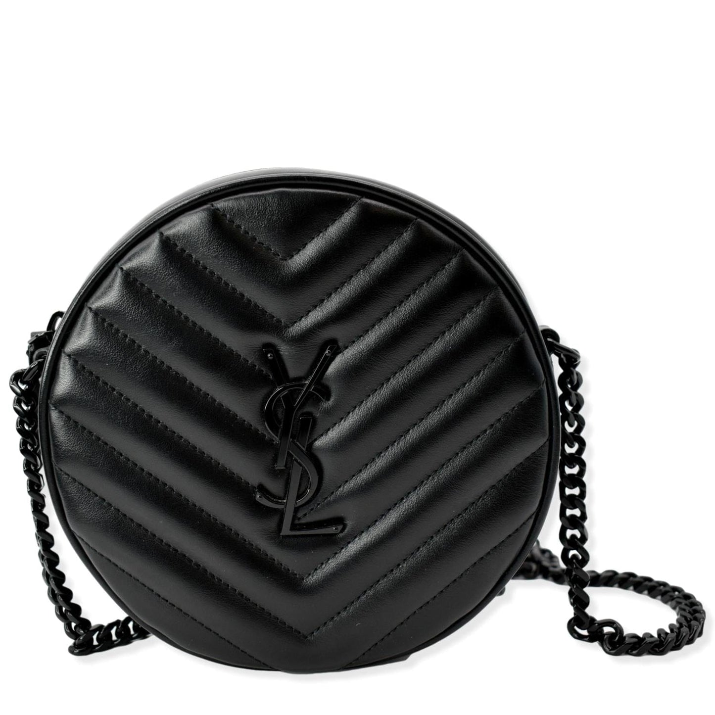 YSL Saint Laurent Yves Vinyle Round Chevron Camera Crossbody Bag Leather Black Laurent Vinyle Round