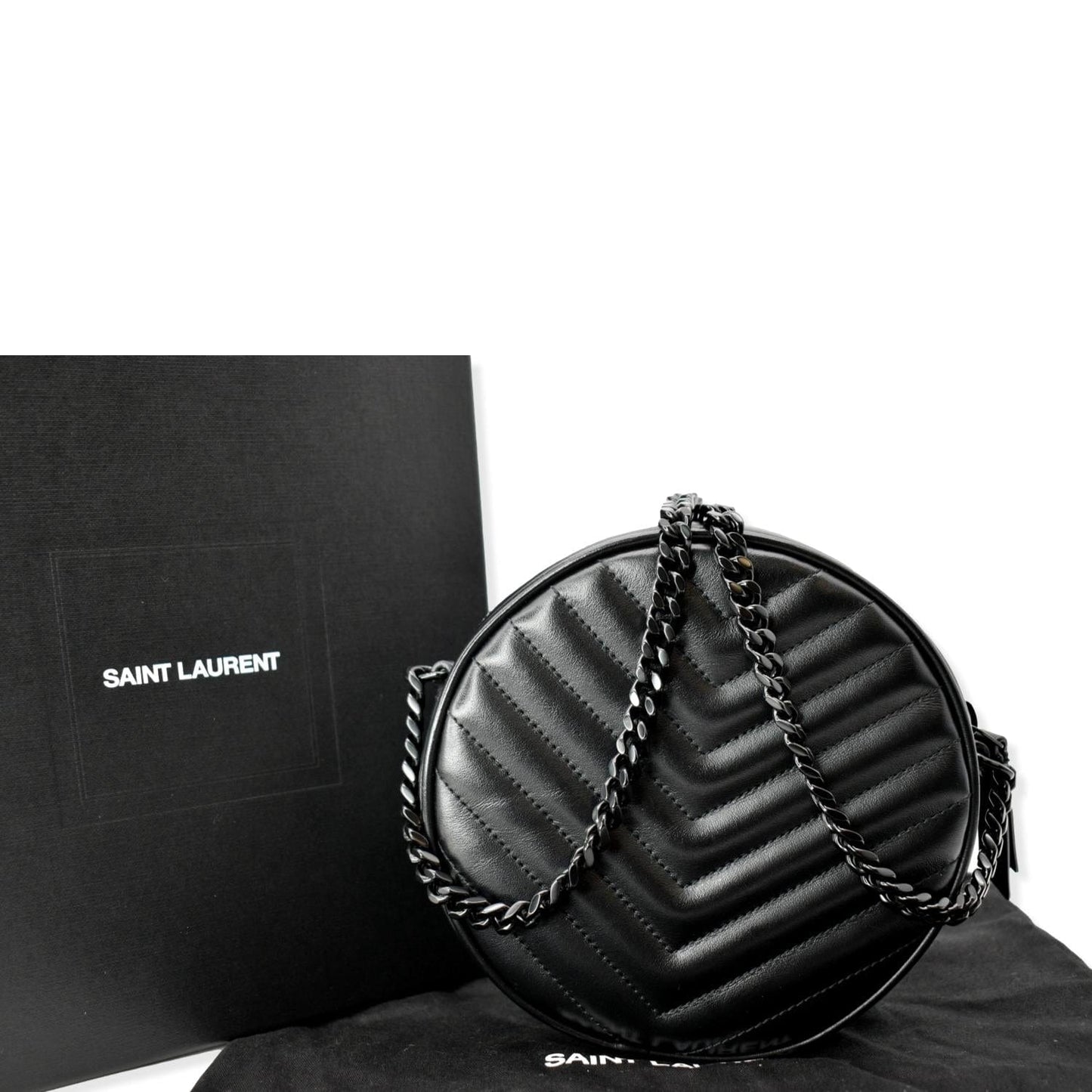 YSL Saint Laurent Yves Vinyle Round Chevron Camera Crossbody Bag Leather Black Laurent Vinyle Round