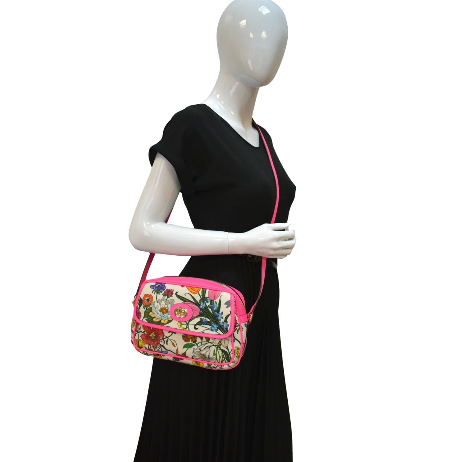 Gucci Flora Tote Shoulder Bag Canvas Pink