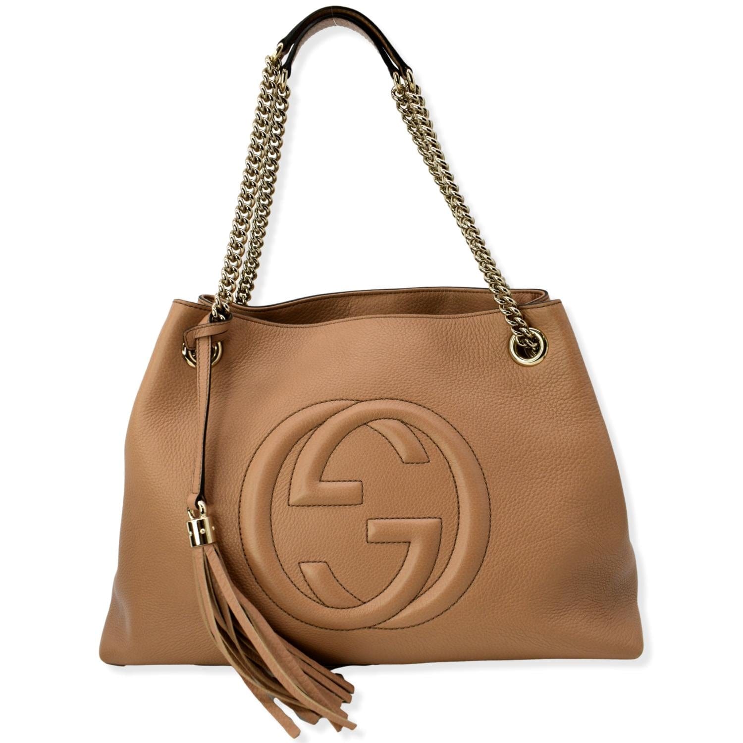 Gucci Soho Pebbled Shoulder Bag Leather Beige Leather Chain