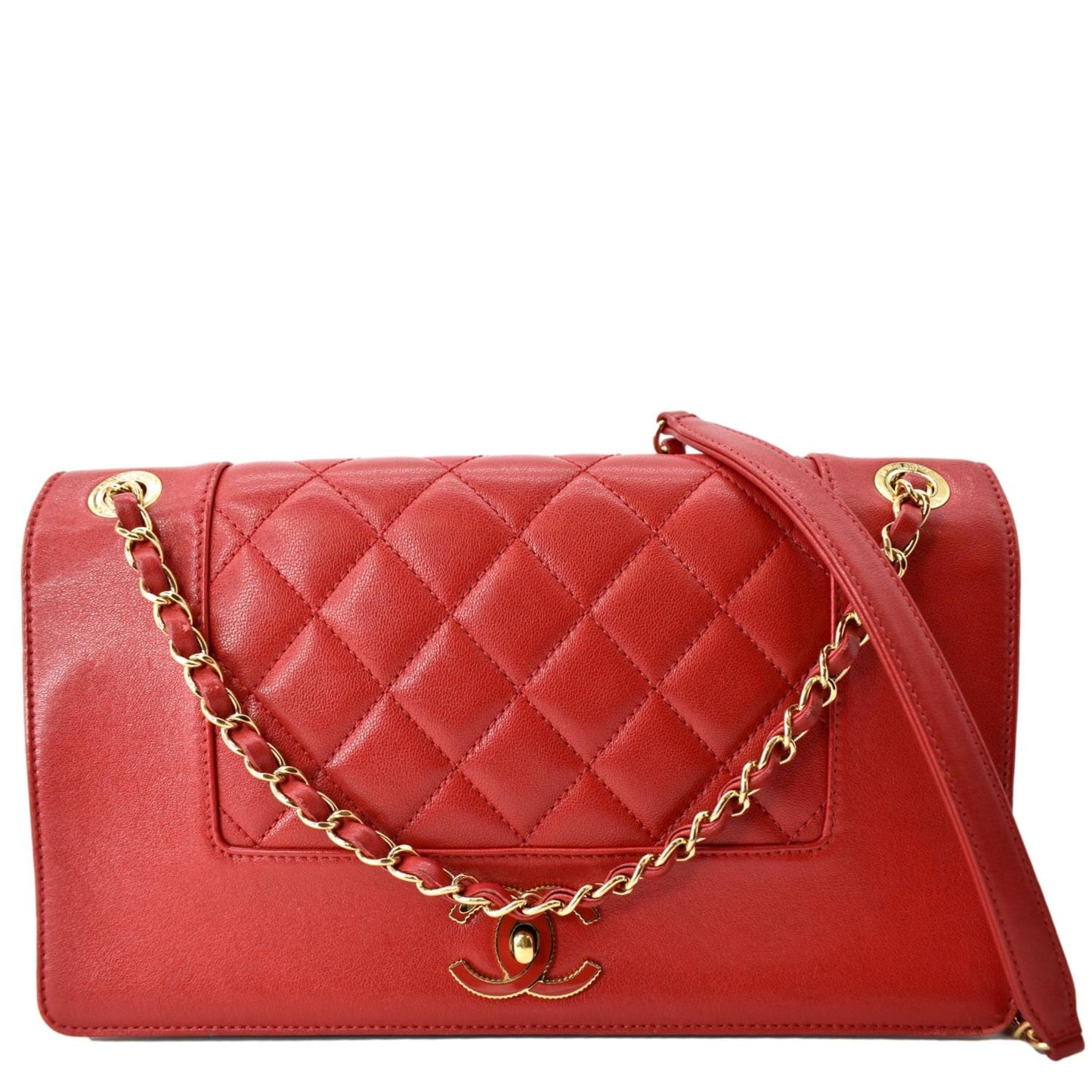 Chanel Mademoiselle Flap Sheepskin Leather Red Travel Bag