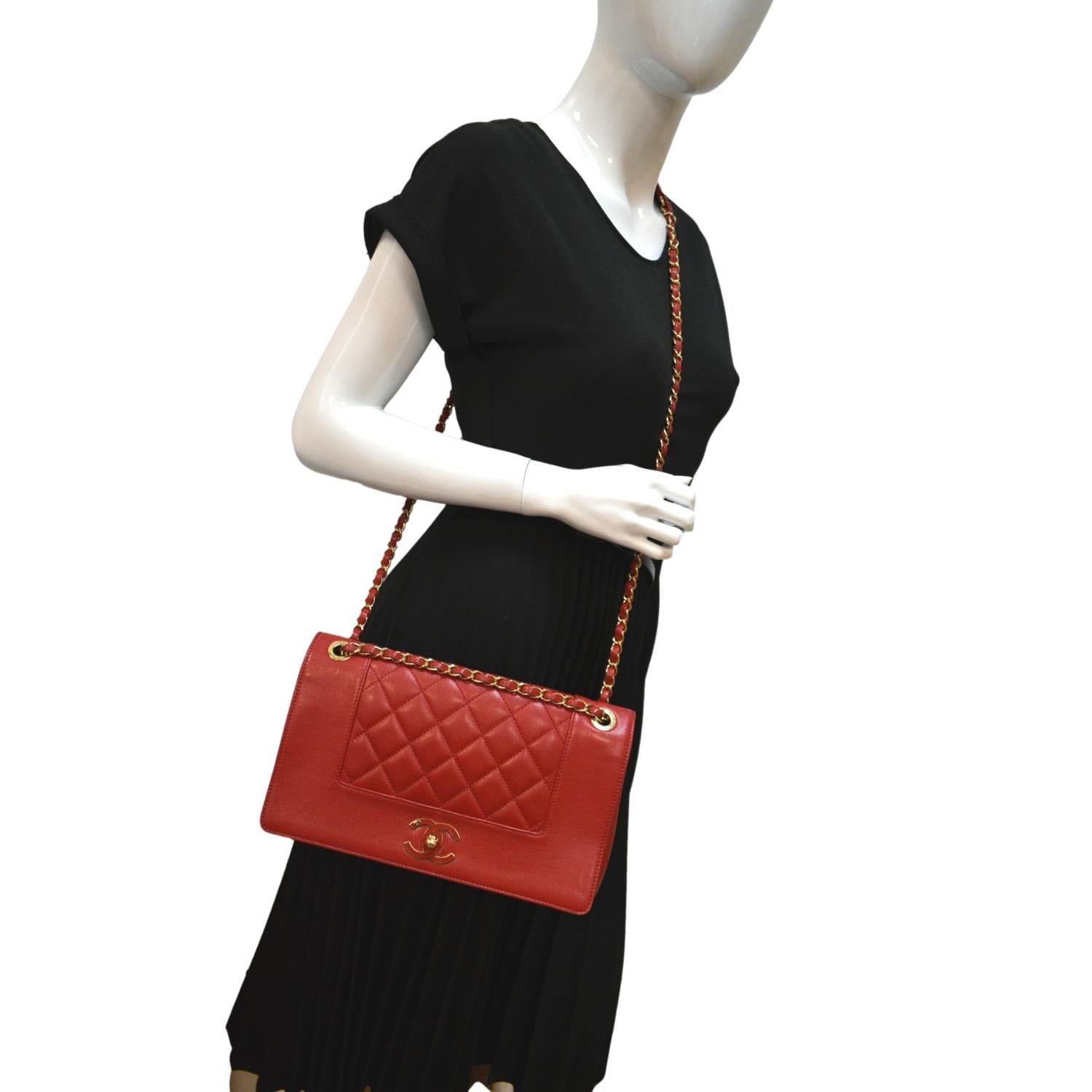 Chanel Mademoiselle Flap Sheepskin Leather Red Travel Bag