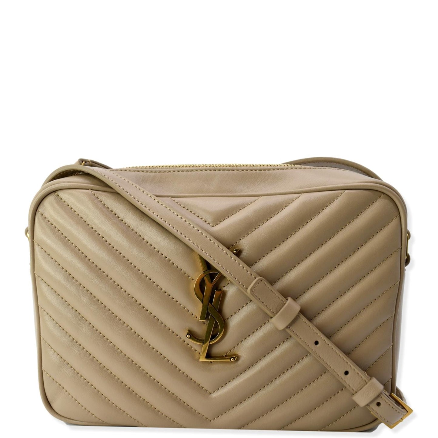 YSL Saint Laurent Yves Lou Camera Crossbody Bag Leather Beige