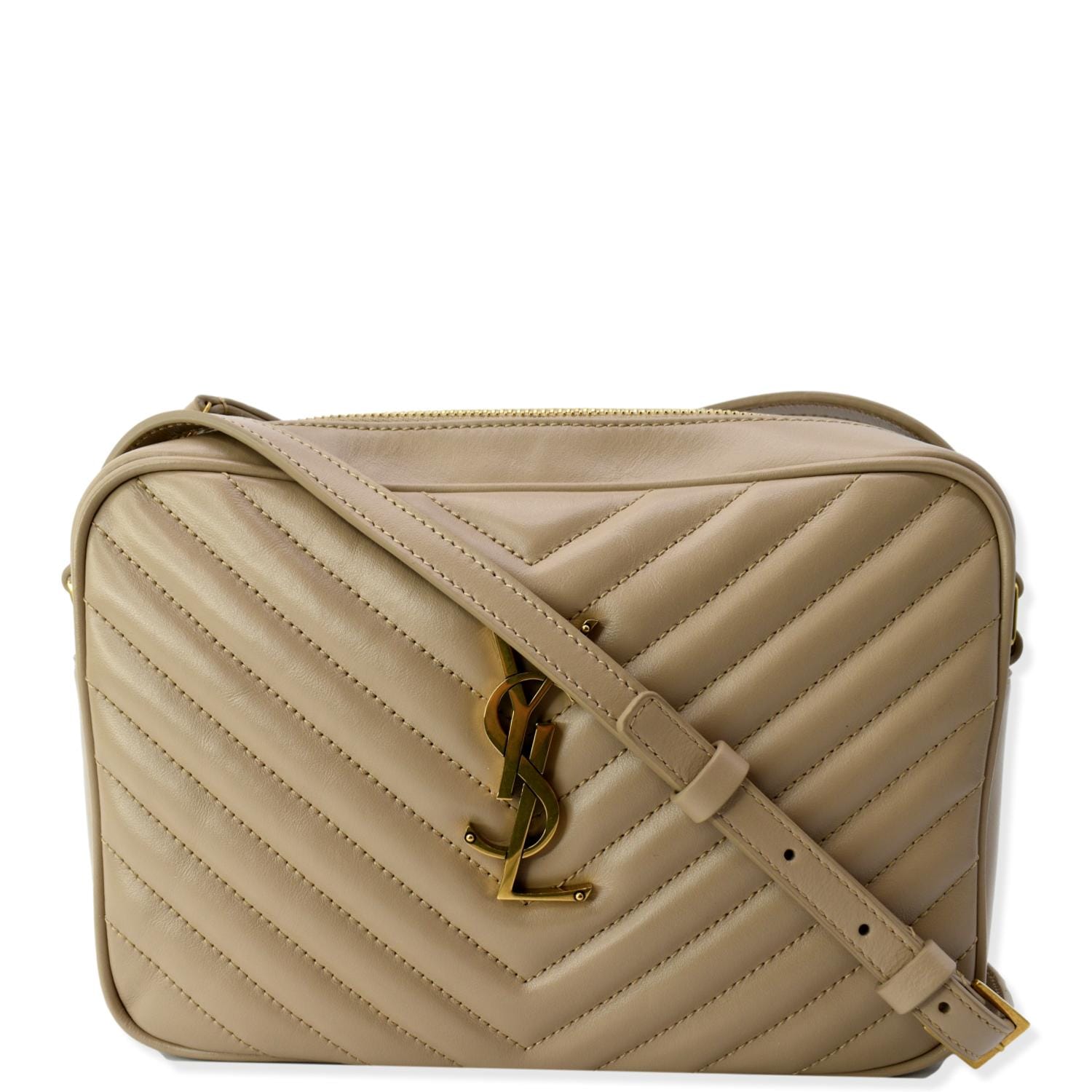 YSL Saint Laurent Yves Lou Camera Crossbody Bag Leather Beige