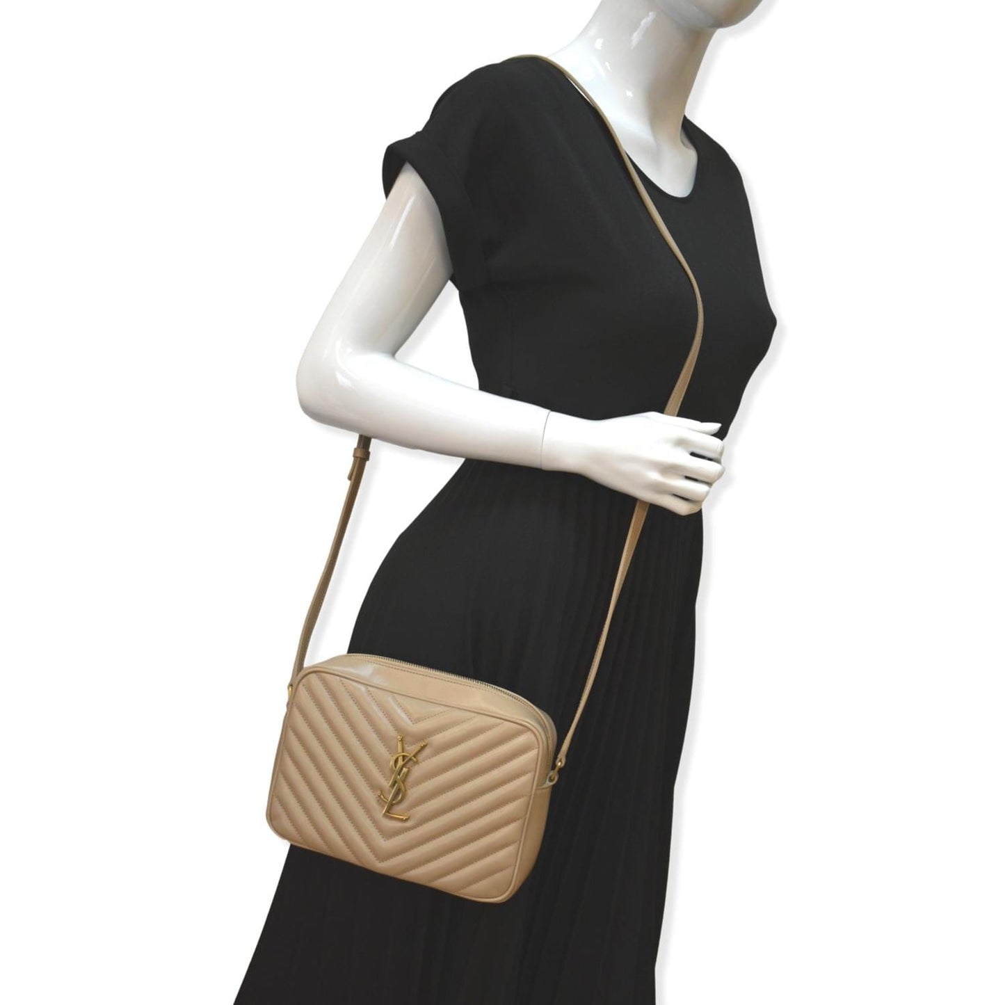 YSL Saint Laurent Yves Lou Camera Crossbody Bag Leather Beige