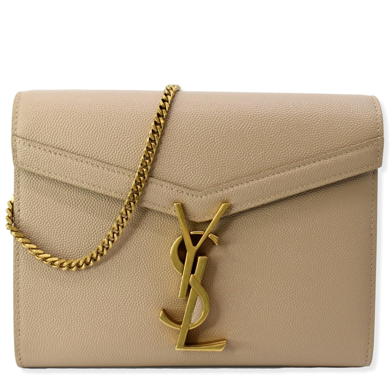 YSL Saint Laurent Saint Cassandra Grain De Poudre Embossed Wallet Beige Chain Clutch Bag