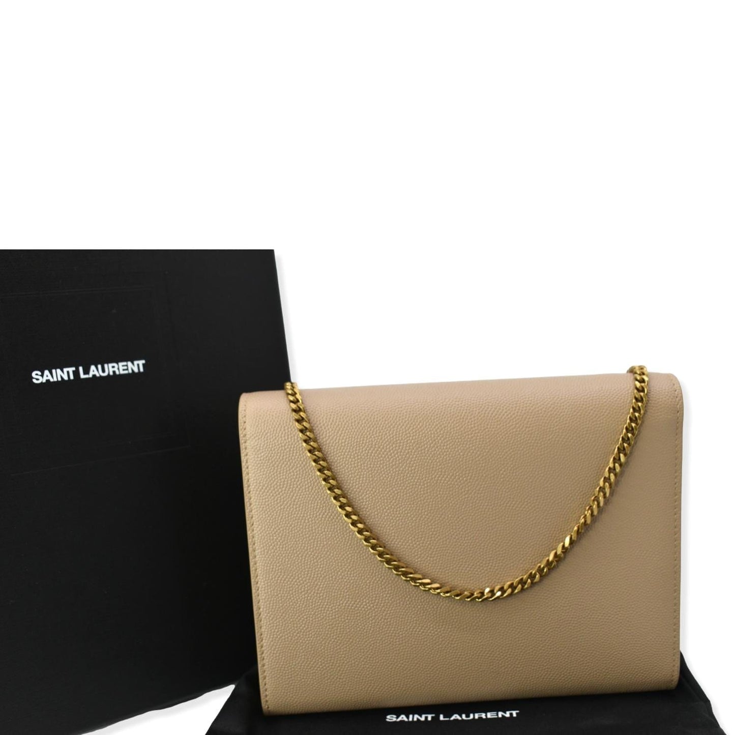 YSL Saint Laurent Saint Cassandra Grain De Poudre Embossed Wallet Beige Chain Clutch Bag