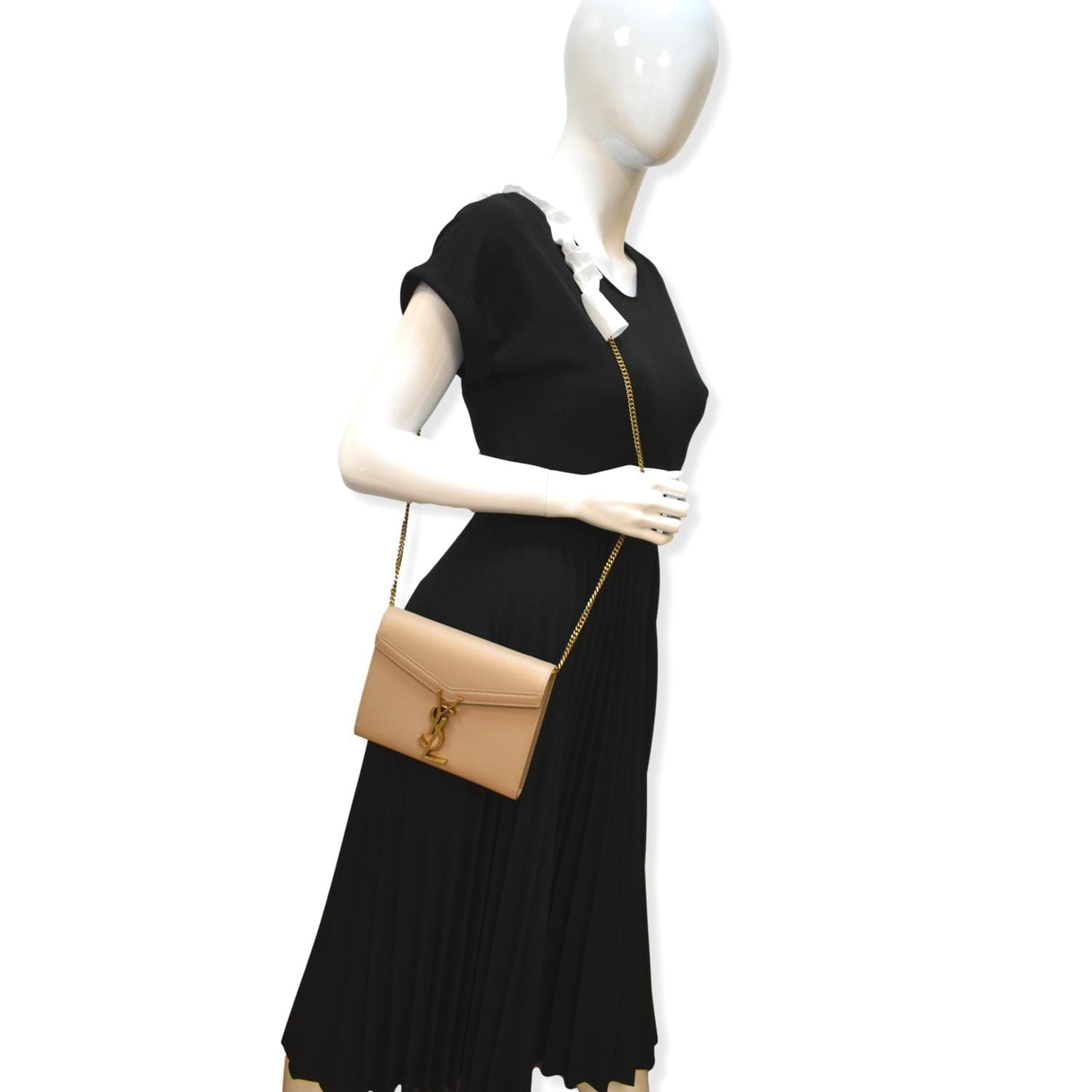 YSL Saint Laurent Saint Cassandra Grain De Poudre Embossed Wallet Beige Chain Clutch Bag