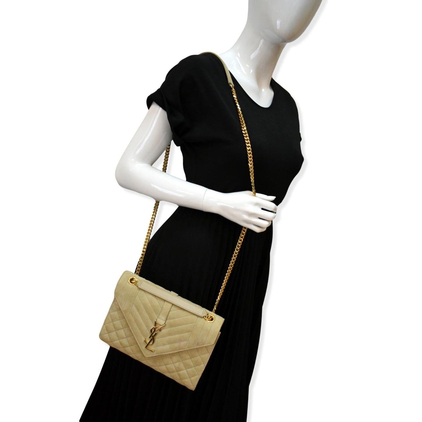 YSL Saint Laurent Yves Envelope Crossbody Bag Suede Matelasse Beige Medium Envelope Matelasse