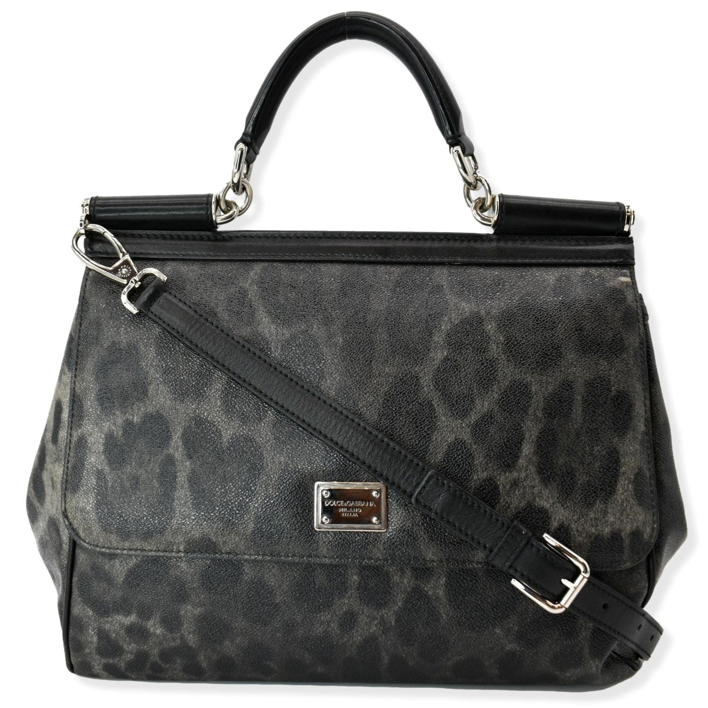 Dolce & Miss Sicily Leopard Print Shoulder Leather Black Shoulder Bag