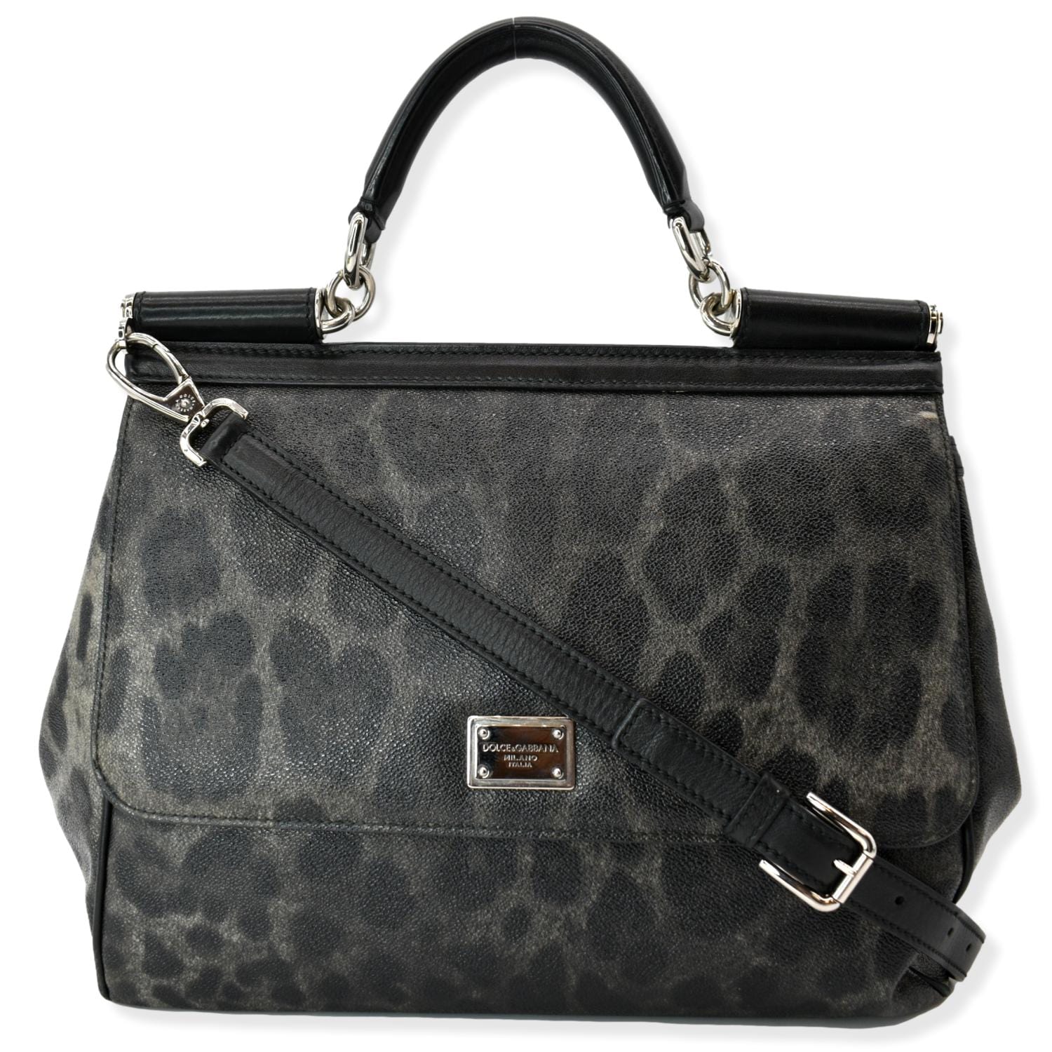 Dolce & Miss Sicily Leopard Print Shoulder Leather Black Shoulder Bag