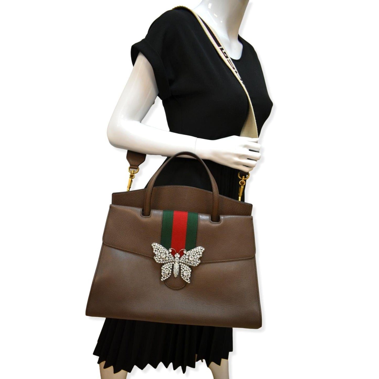 Gucci Butterfly Linea Totem Top Handle Shoulder Bag Leather Brown