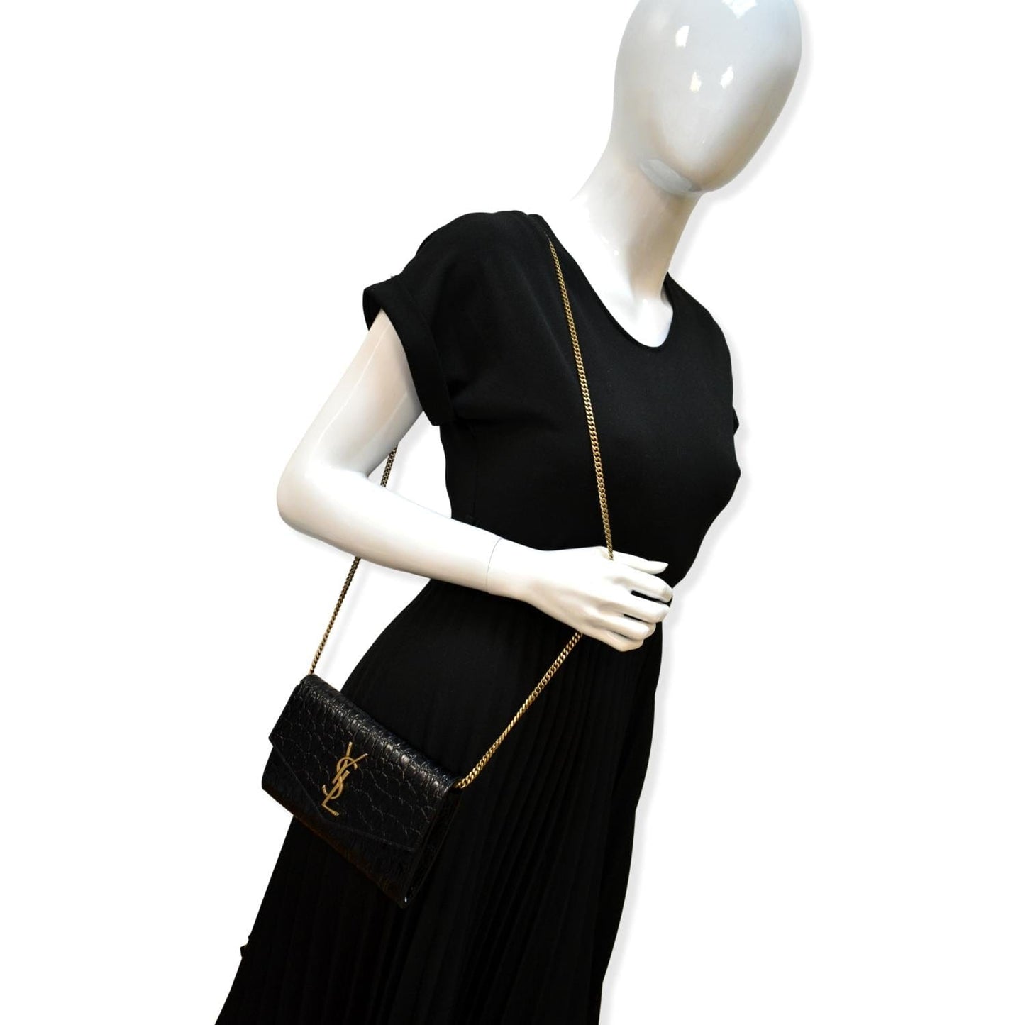 YSL Saint Laurent Saint Uptown Crocodile Embossed Crossbody Wallet Black Chain Crossbody Bag