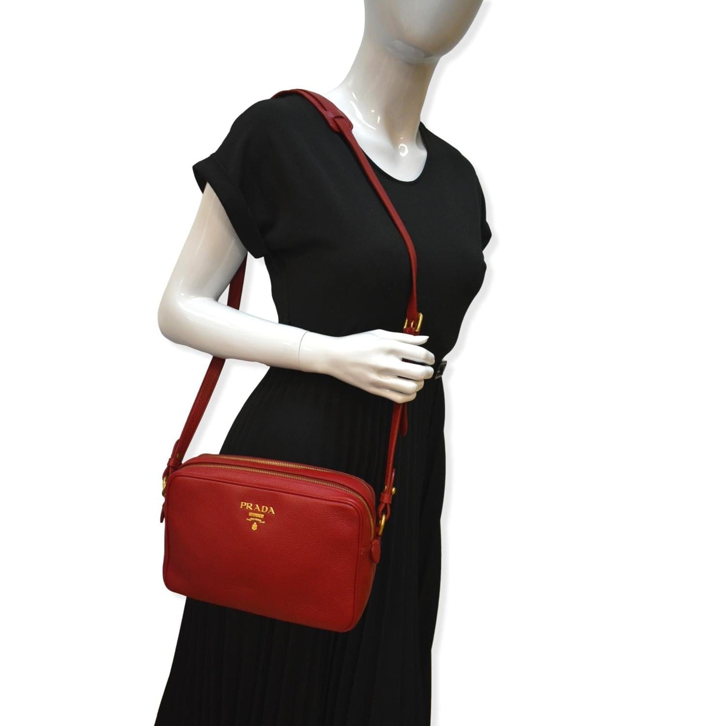 Prada Double Zip Camera Shoulder Bag Leather Red