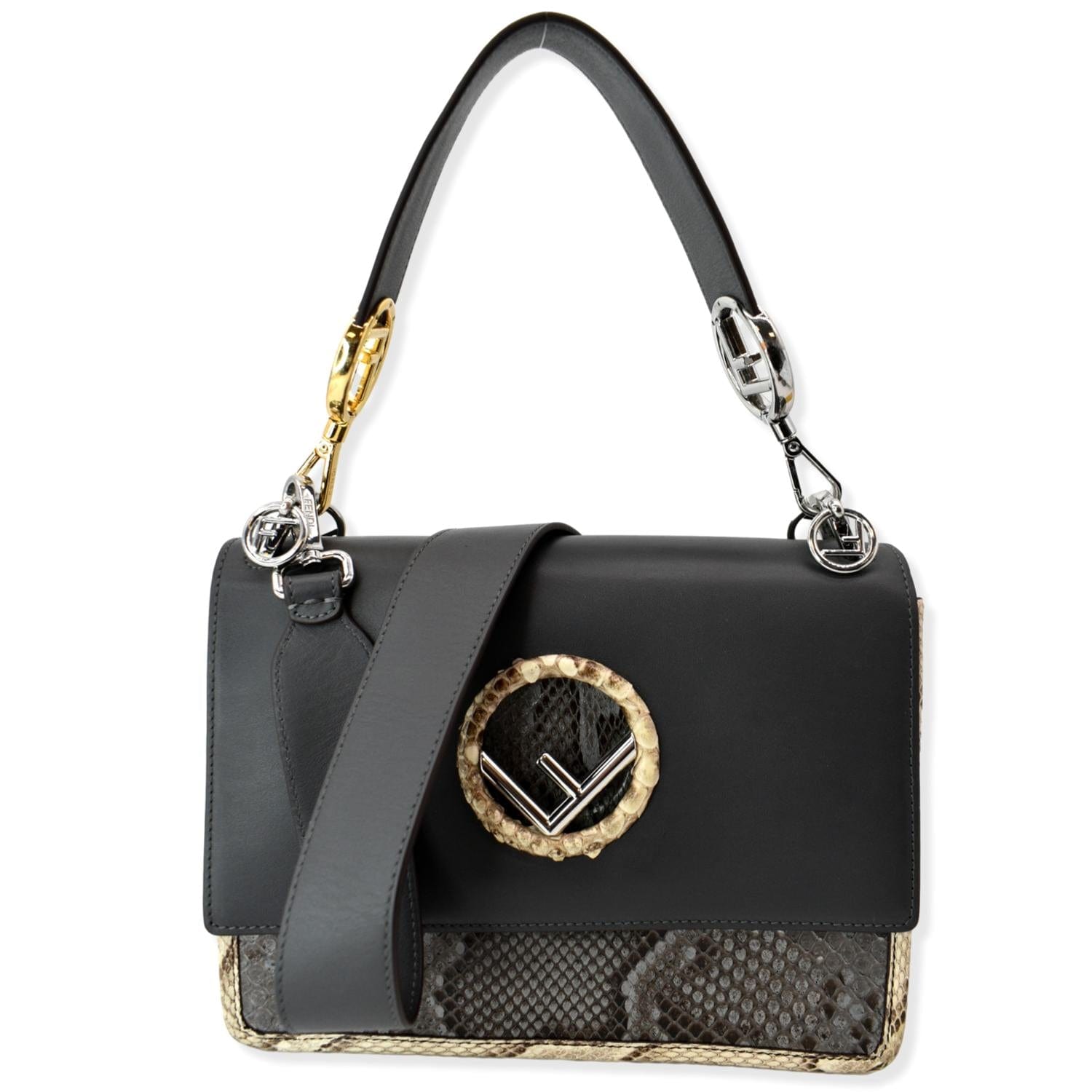Fendi Kan Python Shoulder Bag Leather Black