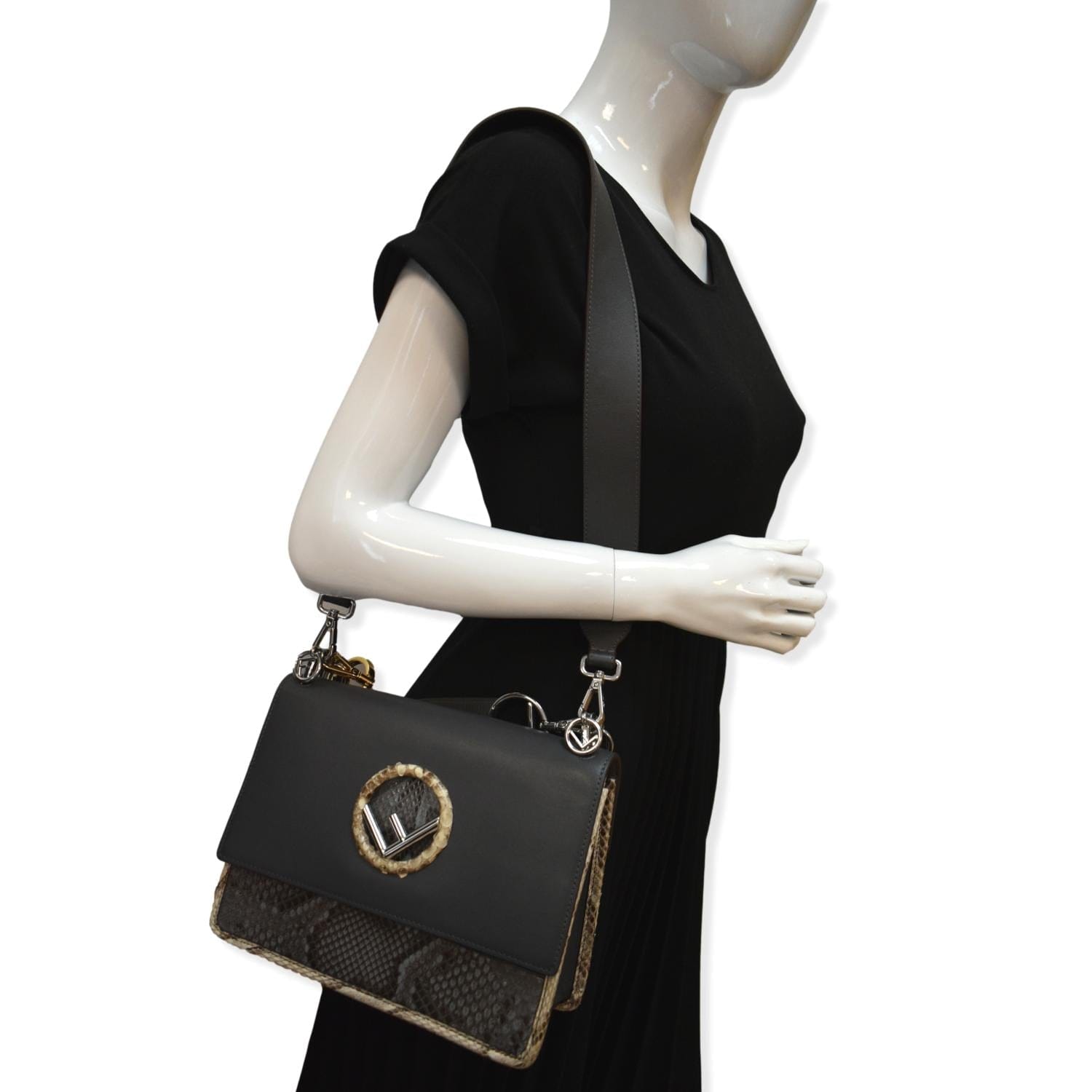 Fendi Kan Python Shoulder Bag Leather Black