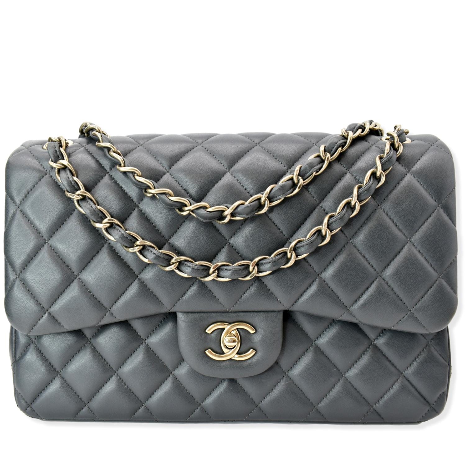 Chanel Classic Jumbo Double Flap Dark Leather Lambskin Gray Travel Bag