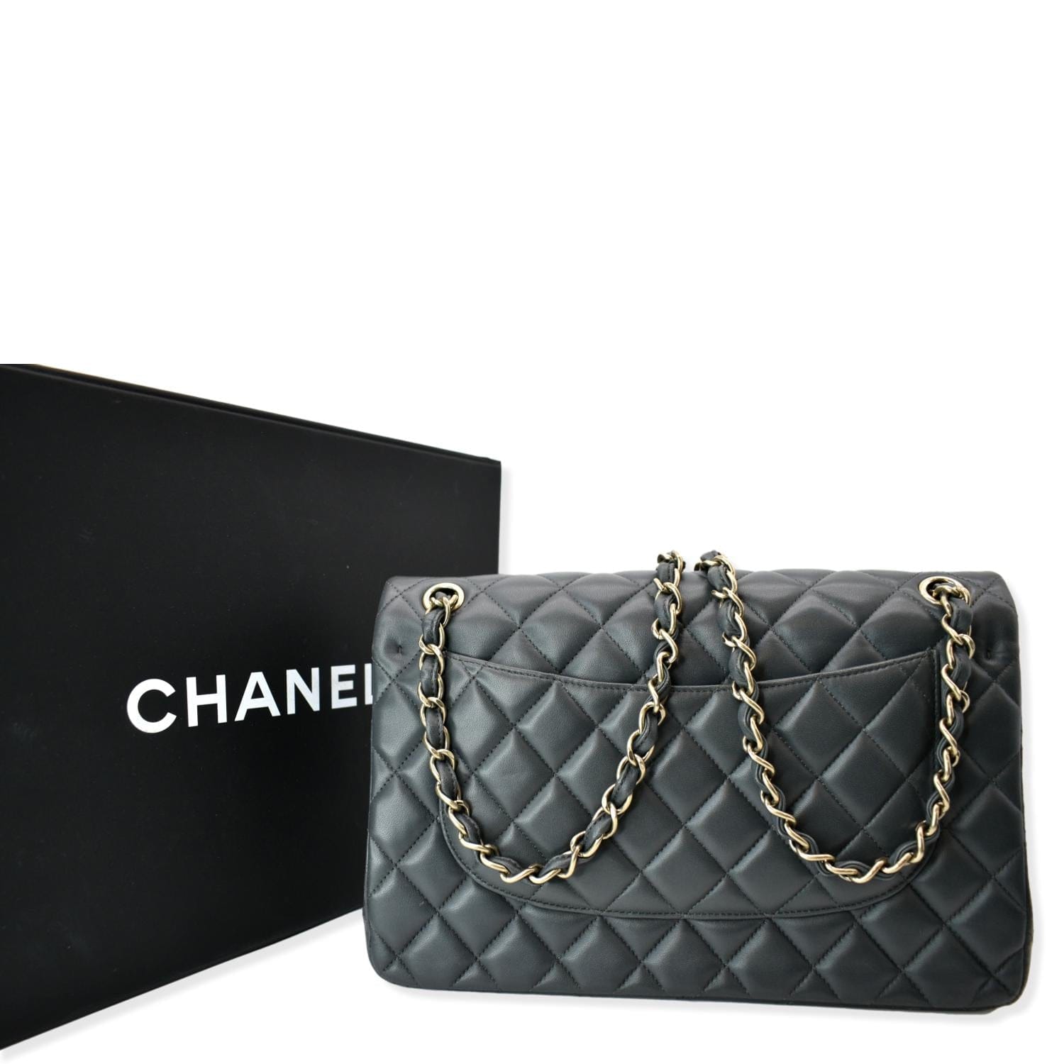 Chanel Classic Jumbo Double Flap Dark Leather Lambskin Gray Travel Bag