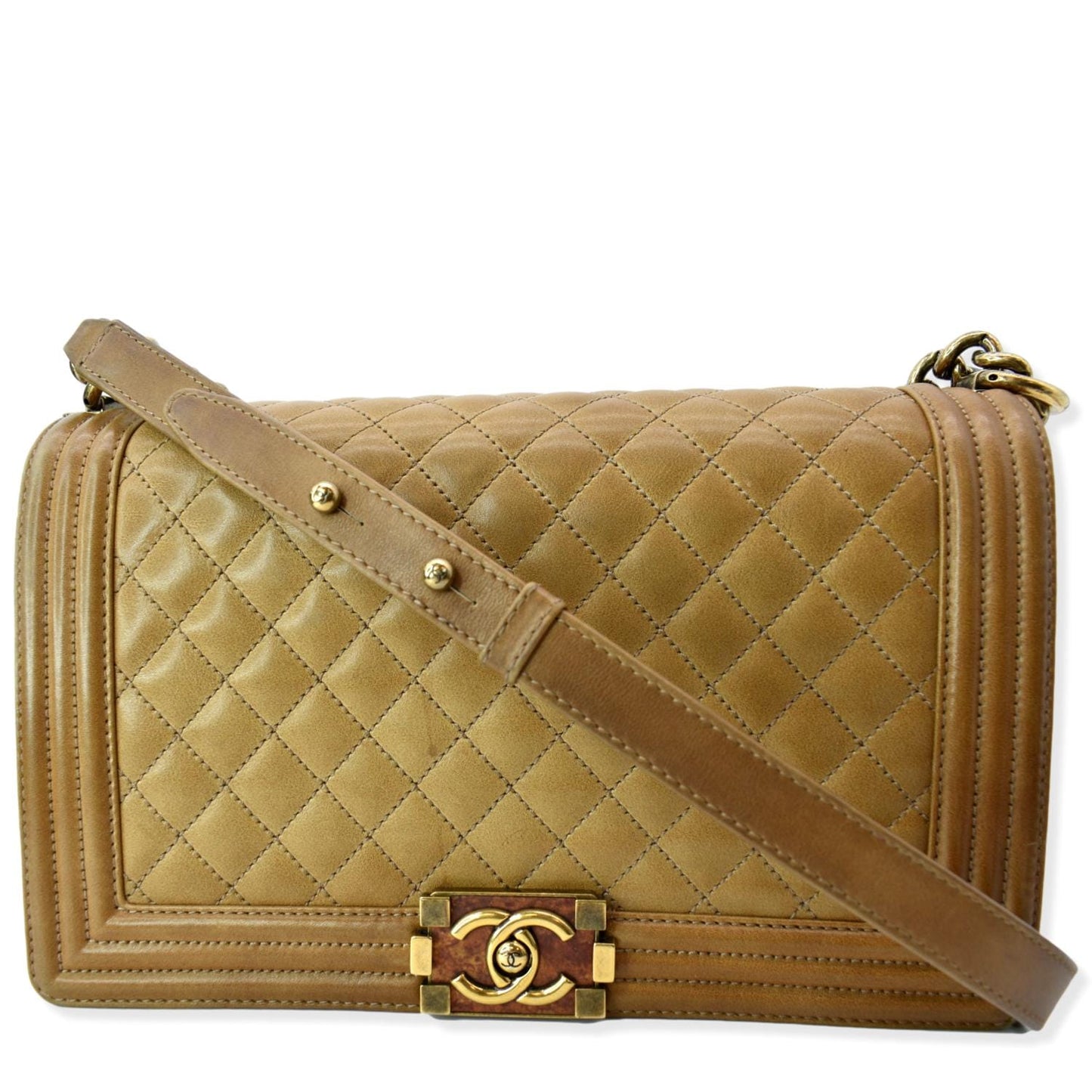 Chanel Boy Flap Leather Beige Travel Bag