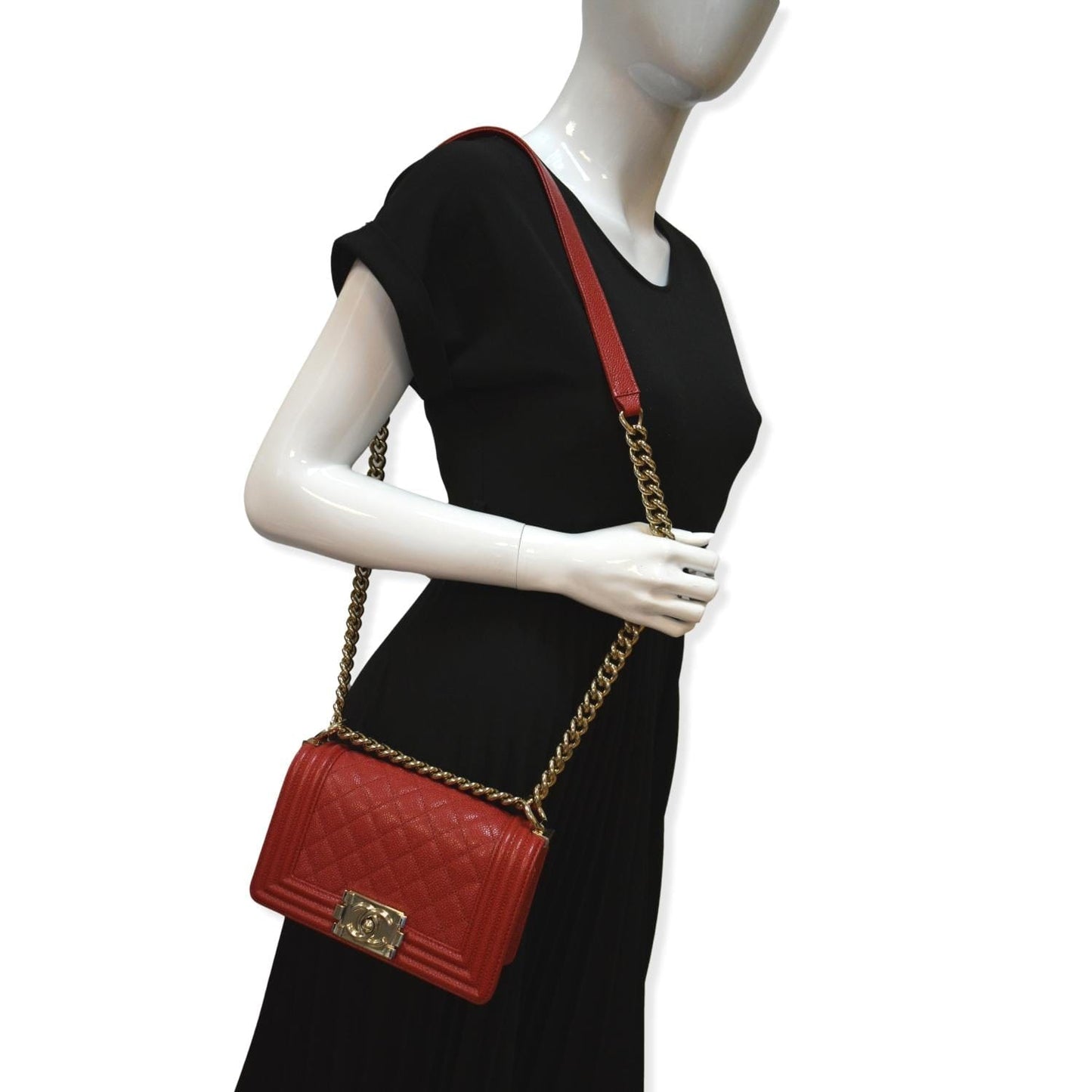 Chanel Le Boy Caviar Leather Red Travel Bag
