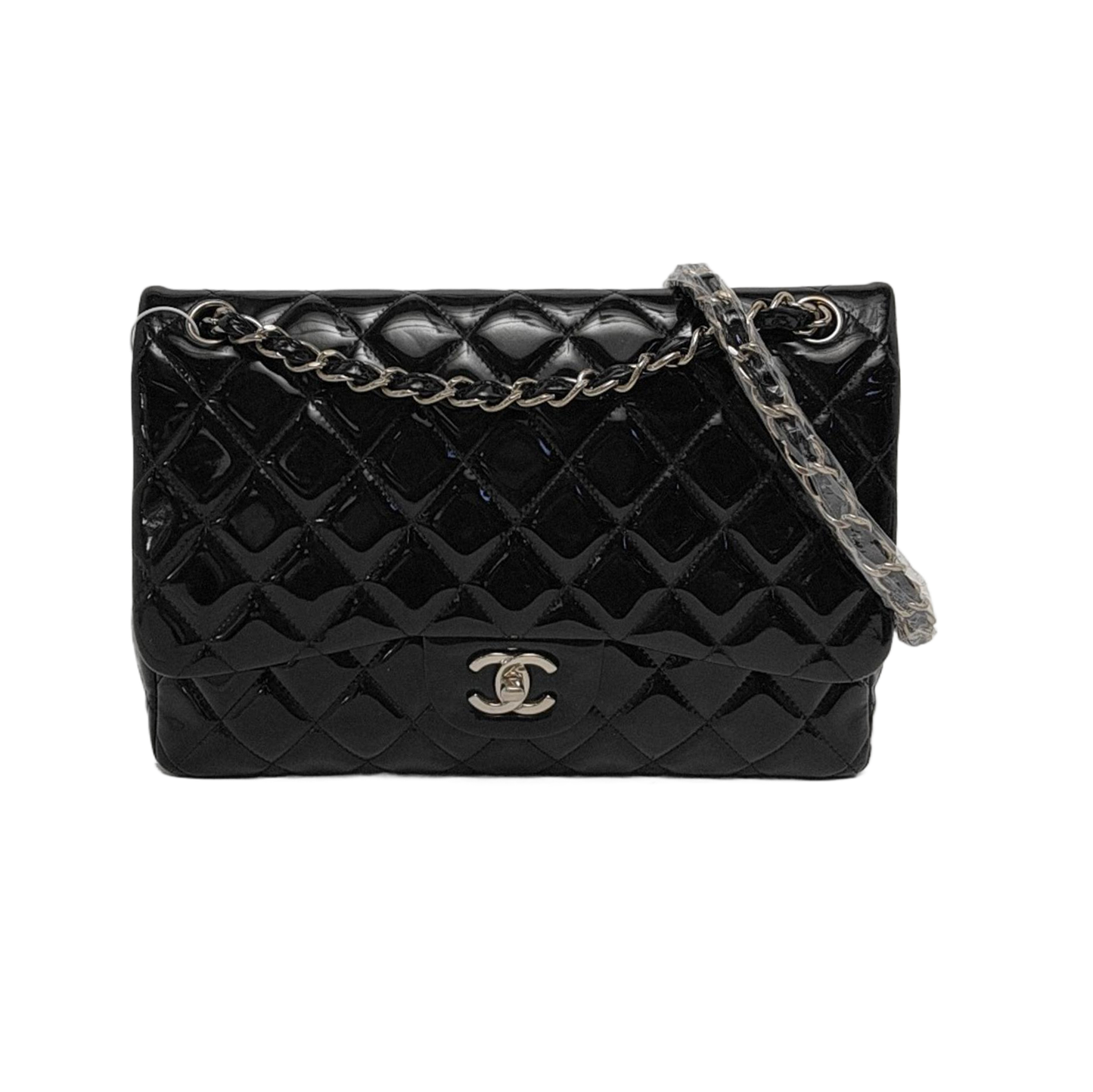 Chanel Classic Flap Jumbo Patent Single Flap Black Silver Leather Handbag