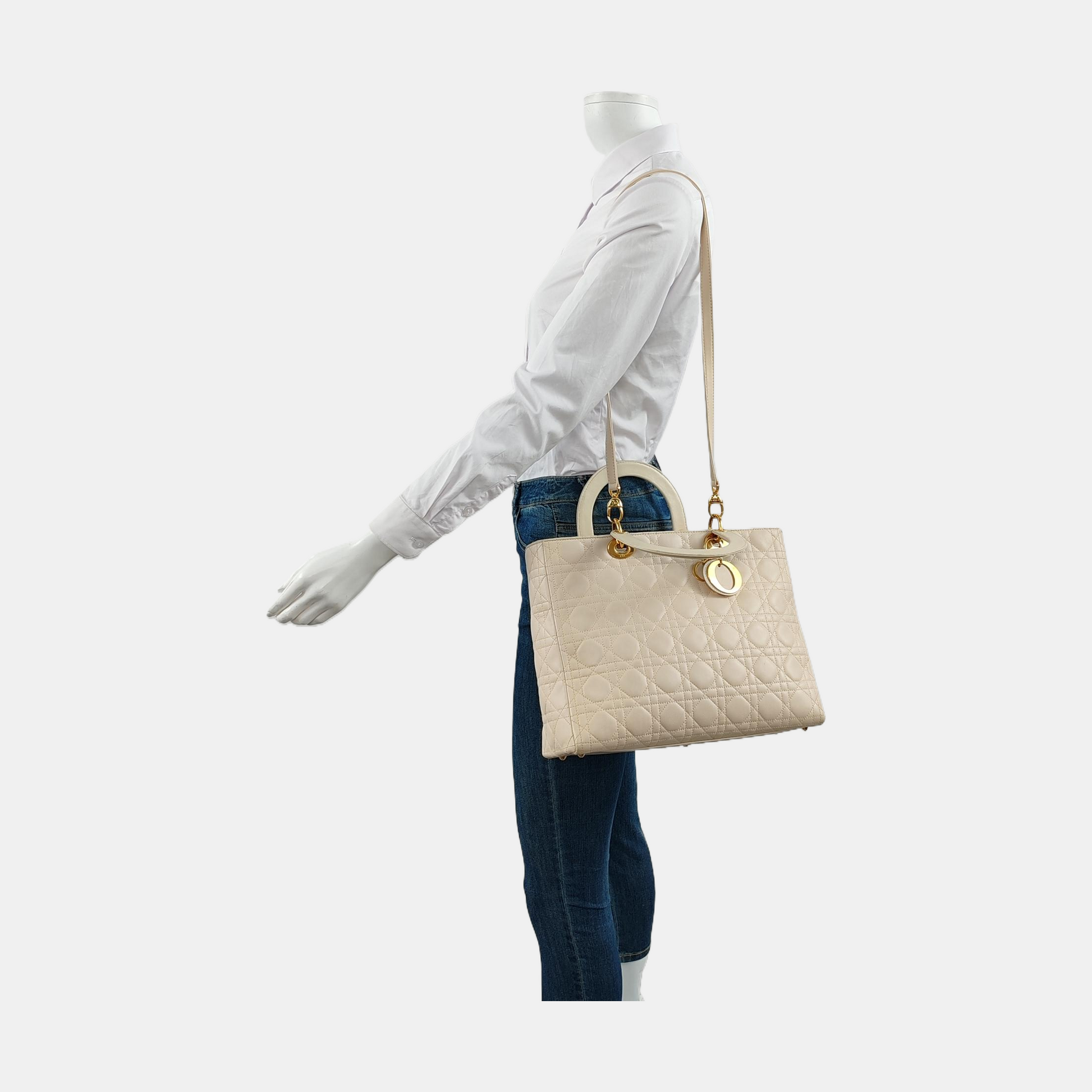 Dior Lady Large Off Lambskin Cannage Hardware Handbag Leather White Travel Bag