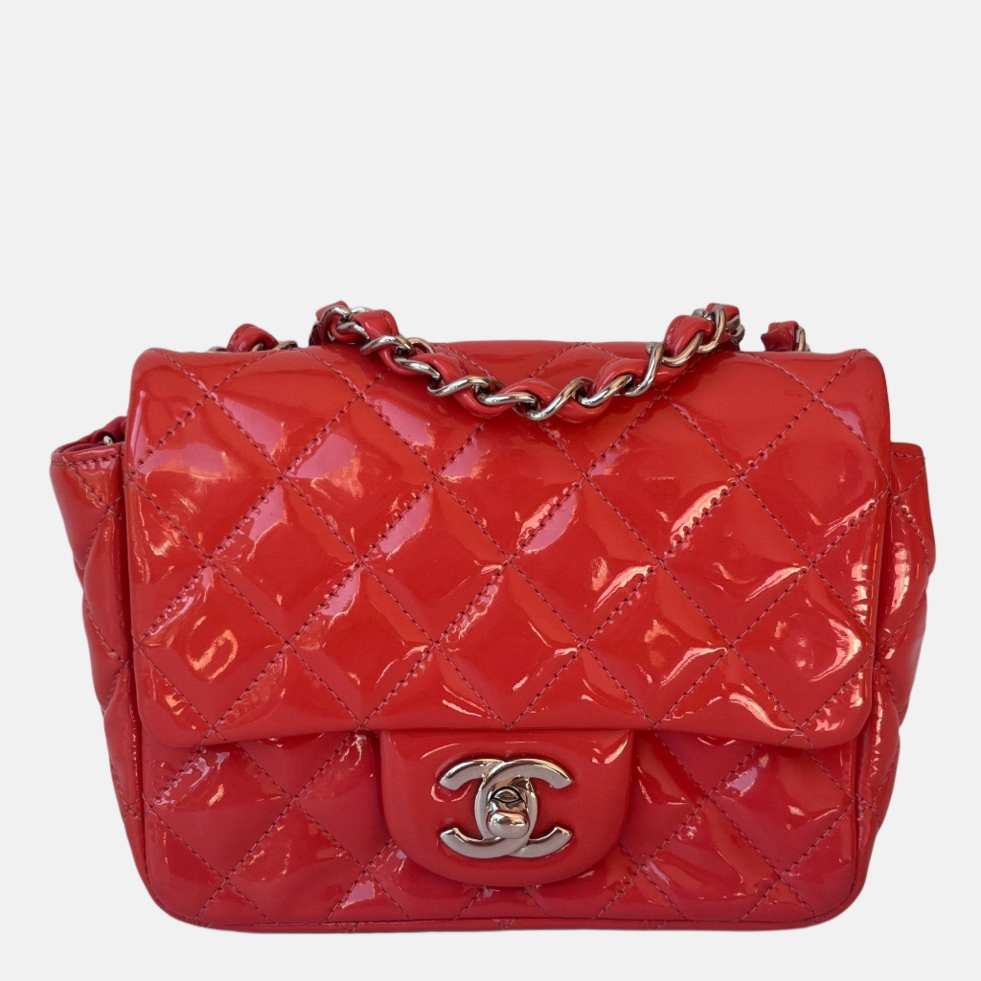 Chanel Classic Flap Square Coral Patent Lambskin Orange Crossbody Bag